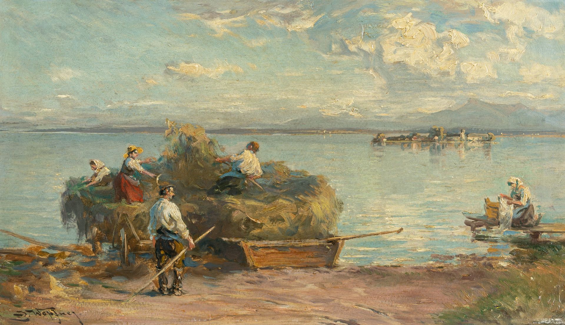 Josef Wopfner, Loading a hay barge on the banks of the Chiemsee.Oil on cardboard. (After 1900). 26.7