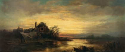 Adolf Heinrich Lier (1826 -  1882) – Flusslandschaft mit Fischerhütten in der Abendstimmung