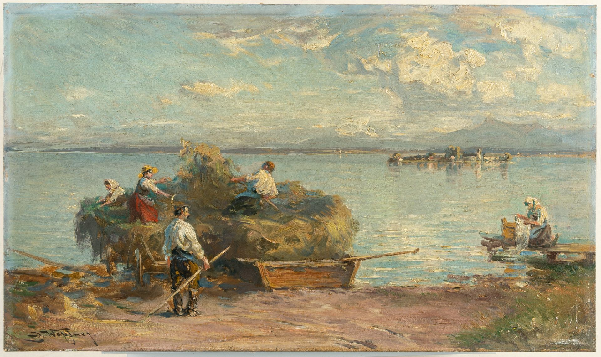Josef Wopfner, Loading a hay barge on the banks of the Chiemsee.Oil on cardboard. (After 1900). 26.7 - Image 2 of 3