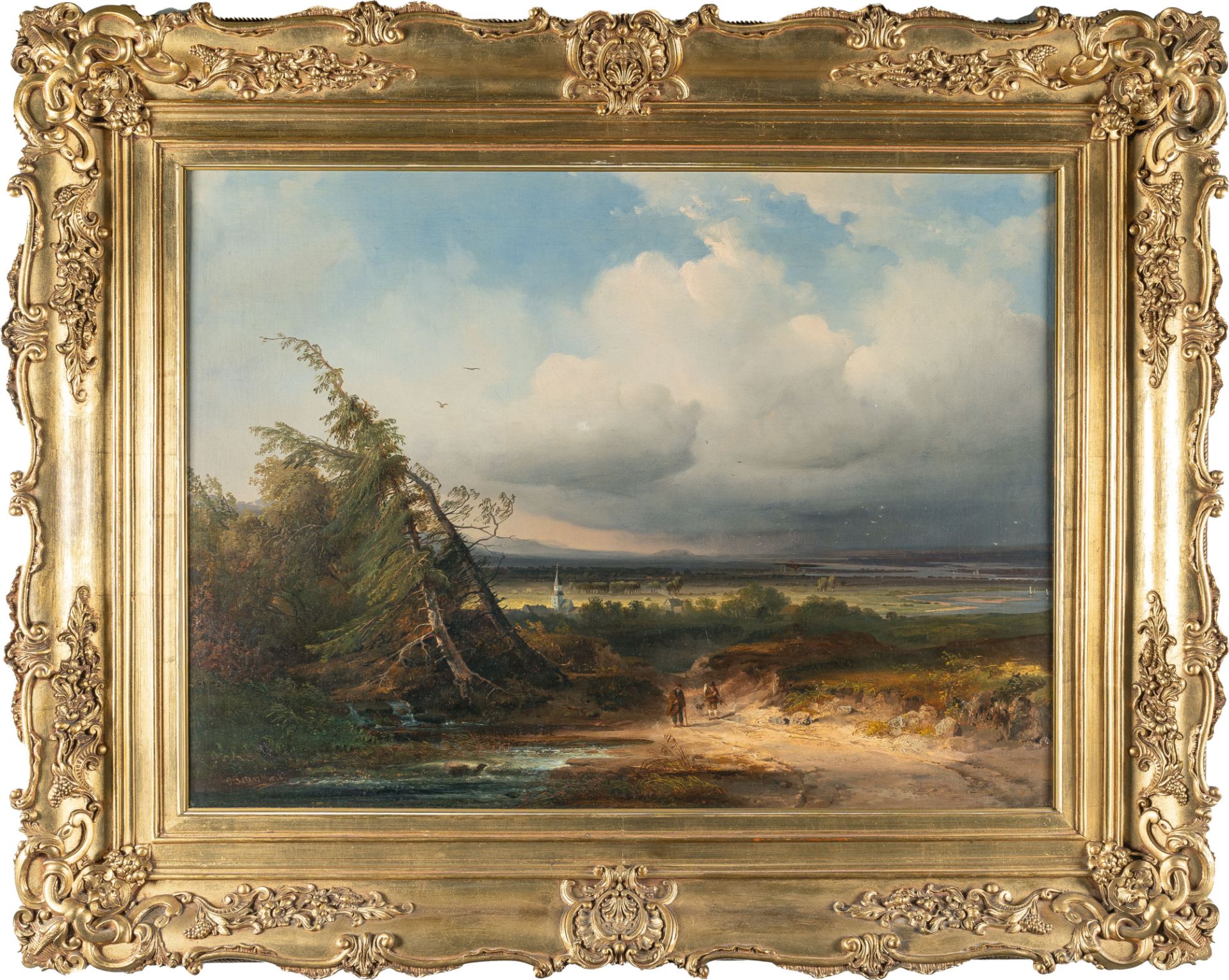 Pieter Francis Peters, View of a panoramic landscape with an approaching storm.Oil on canvas, - Image 4 of 4