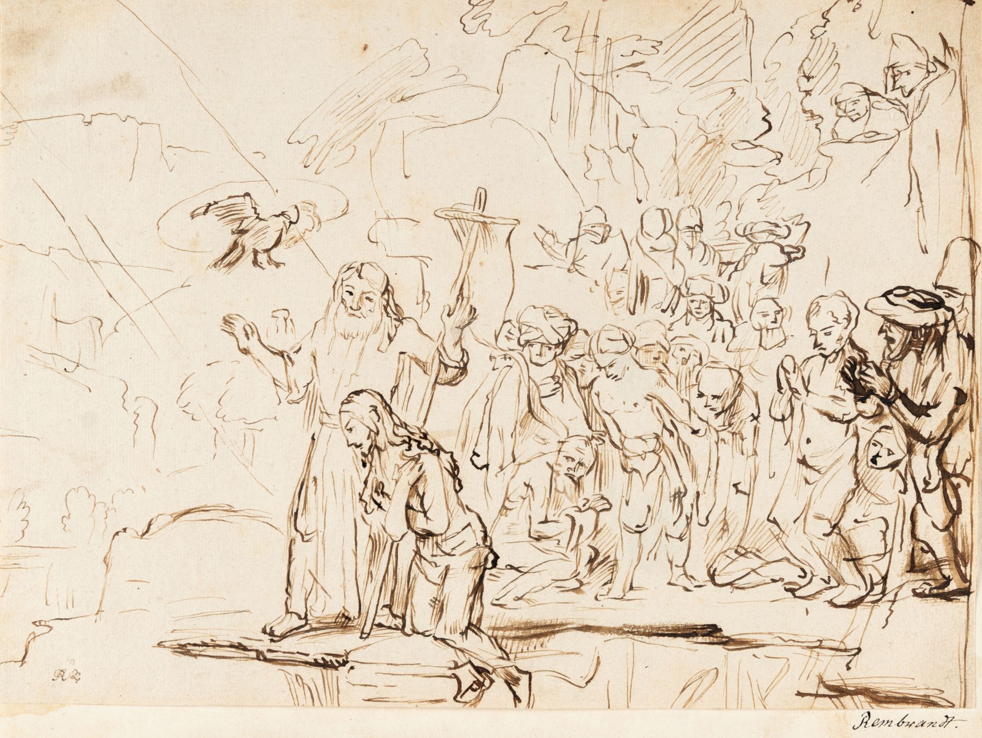 Rembrandt Harmensz van Rijn (Schule), The baptism of Christ.Pen and brown ink, partially smudged