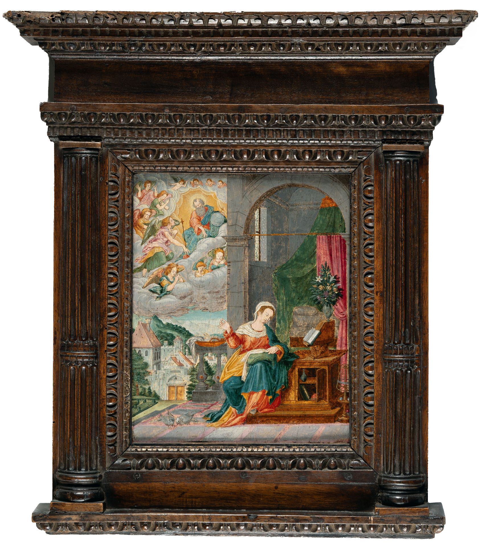 Bayern, God sending the Angel Gabriel to the Virgin Mary.Tempera on panel, cradled. (Around 1590/