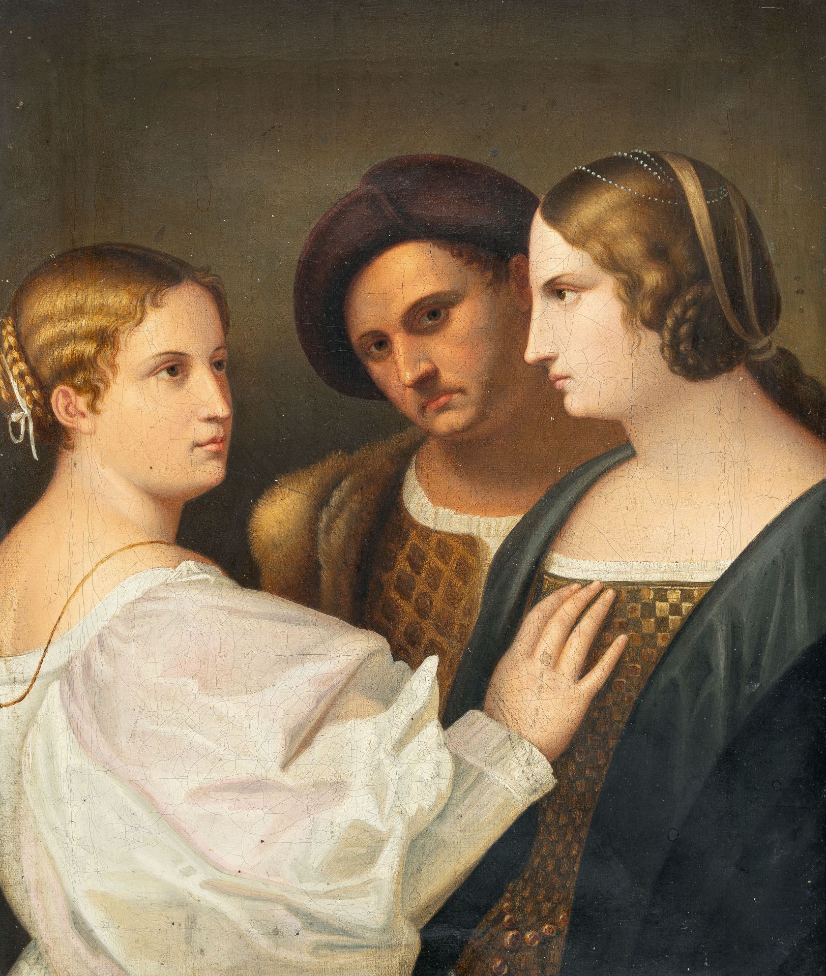 Nach Tizian (Tiziano Vecellio), Jealousy (Triple portrait of a man and two women).Oil on canvas. (