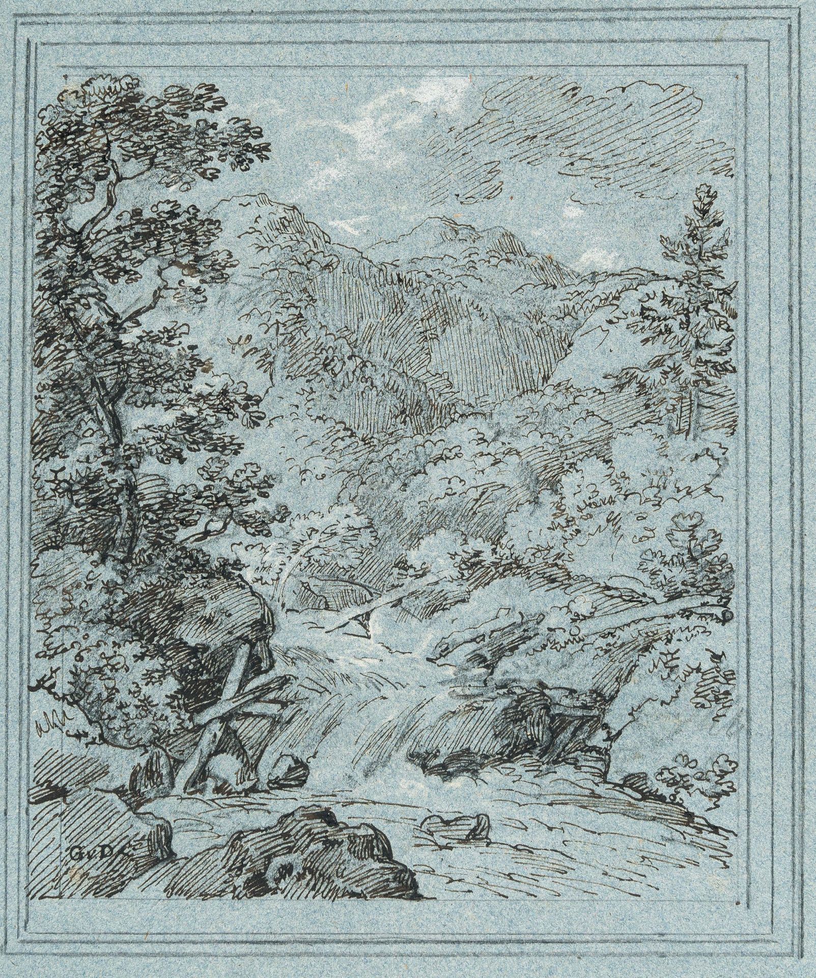 Johann Georg von Dillis, Mountain landscape with a stream.Pen and brown ink over pencil, partially