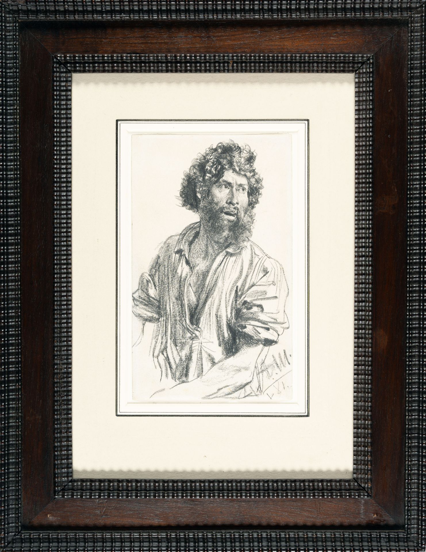 Adolph Menzel, Study of a bearded man with sleeves rolled up.Black chalk on wove with trimmed - Image 4 of 5
