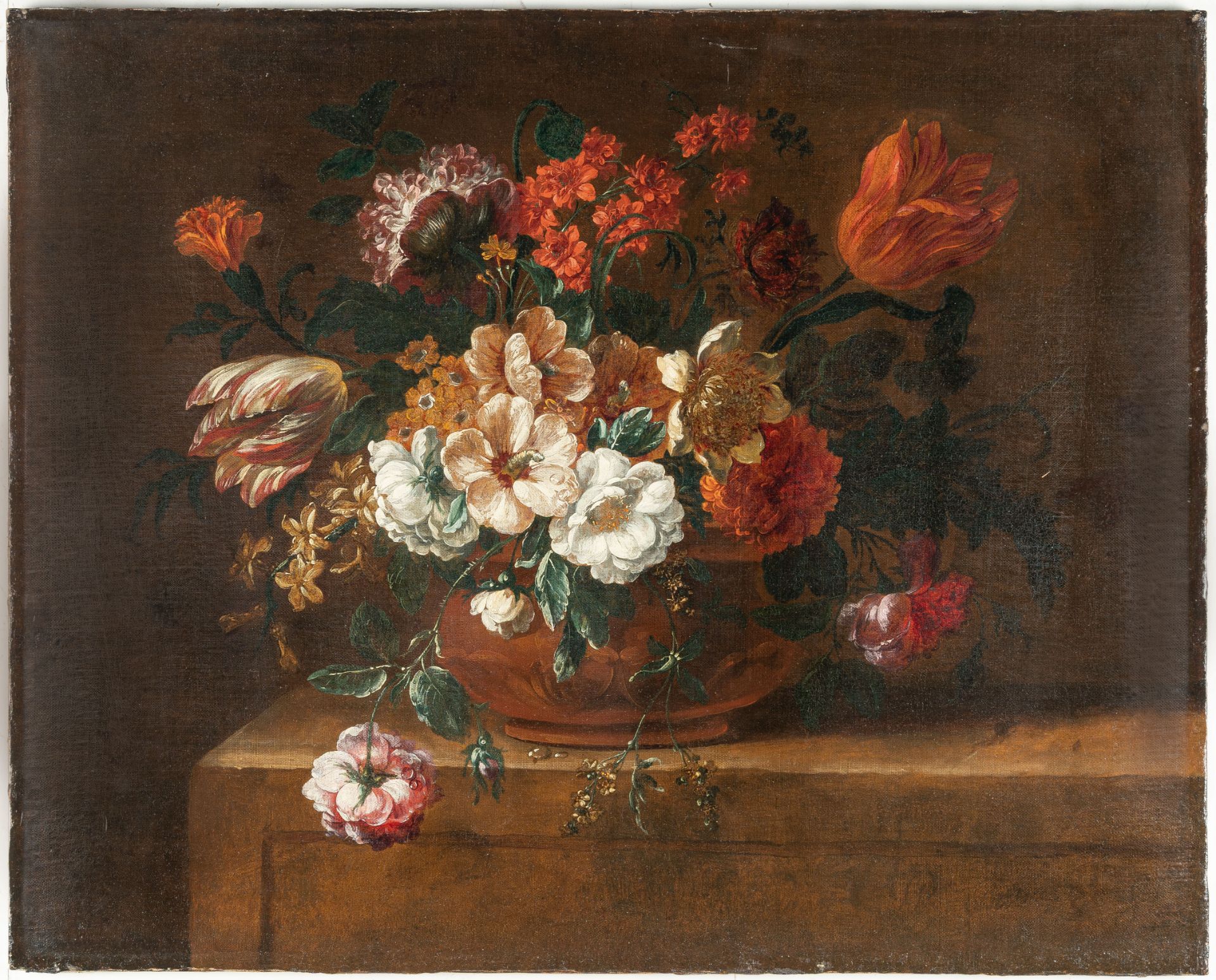 Peter Frans Casteels, Flowers in a vase on a stone bracket.Oil on canvas, relined. 69.5 x 86.5 cm. - Image 2 of 4