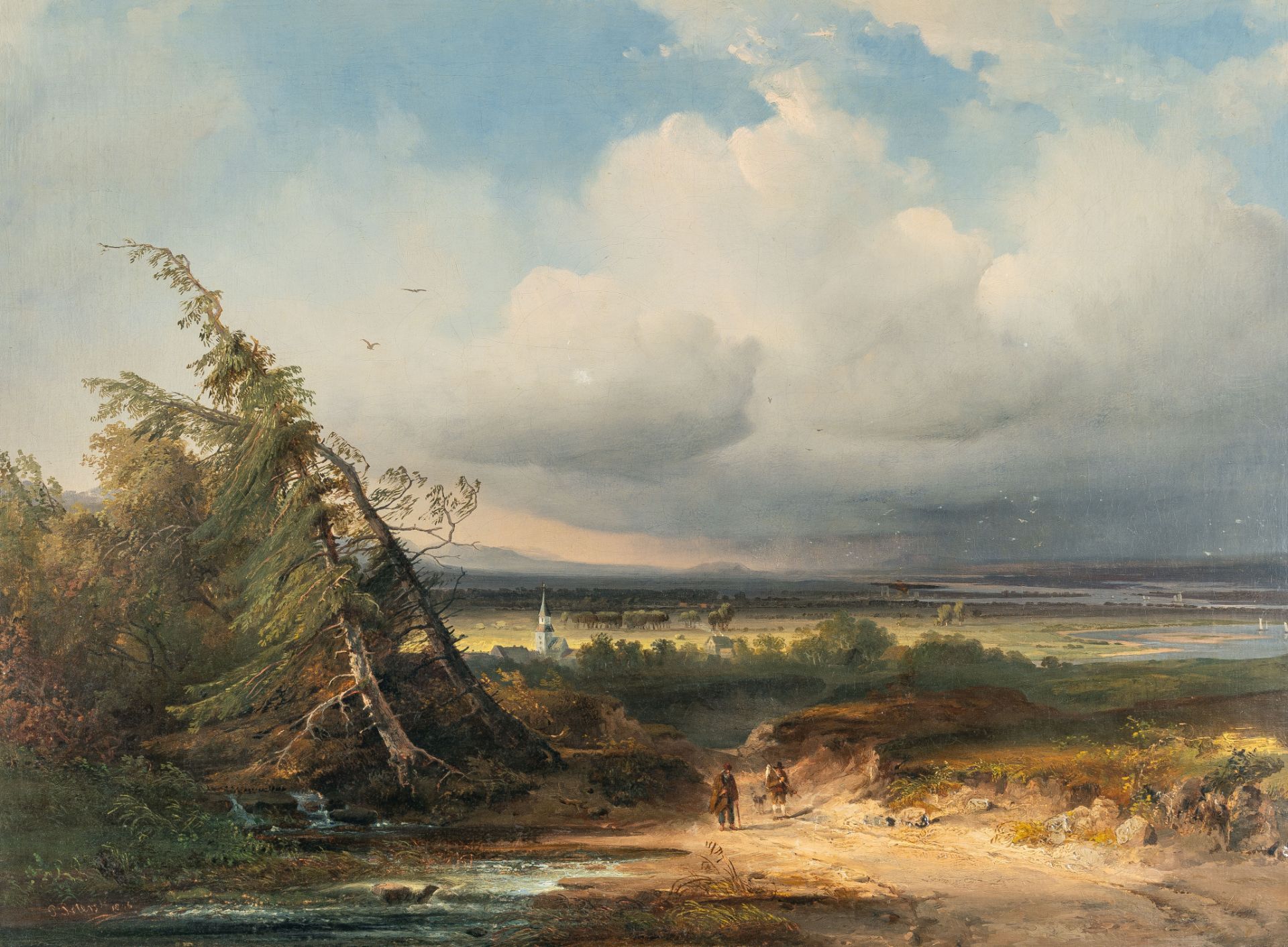 Pieter Francis Peters, View of a panoramic landscape with an approaching storm.Oil on canvas,
