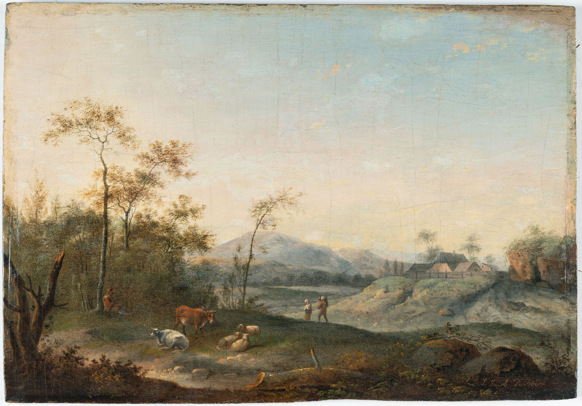 Johann Jakob Tischbein, Landscape with shepherds in evening light.Oil on panel. 26 x 37.1 cm. Signed - Image 2 of 4