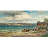 Josef Wopfner, Chiemsee fishers returning home.Oil on canvas. (After 1900). 25.9 x 45.9 cm. Signed