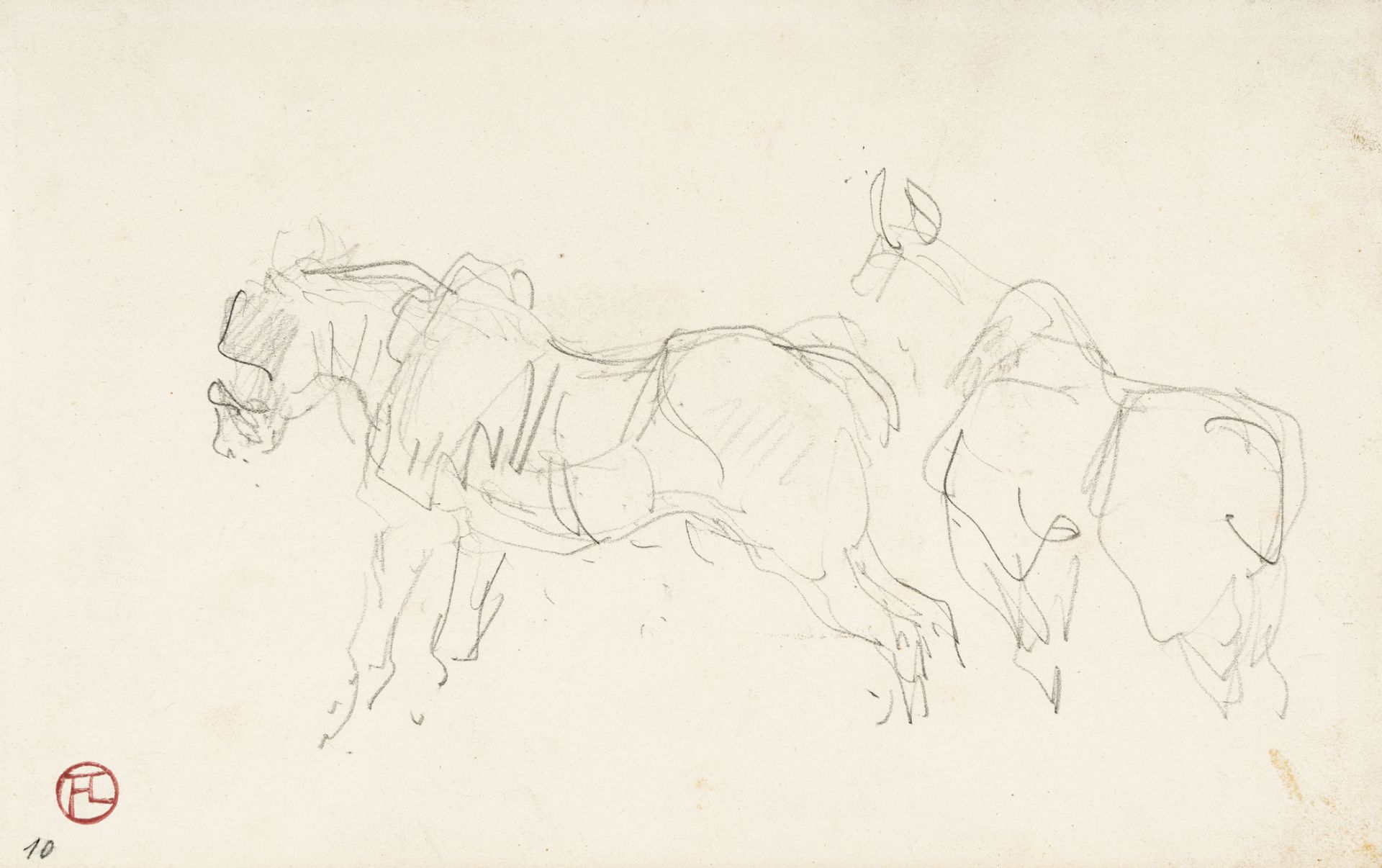 Henri De Toulouse-Lautrec, Two saddled horses.Pencil on cream wove (presumably from a sketchbook).