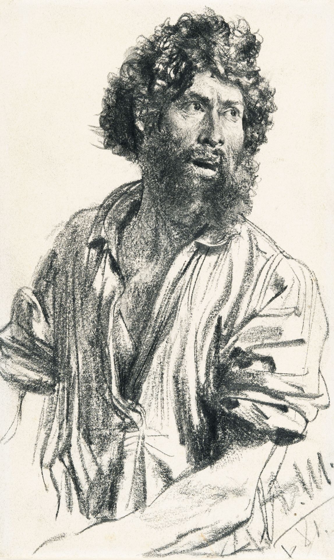 Adolph Menzel, Study of a bearded man with sleeves rolled up.Black chalk on wove with trimmed