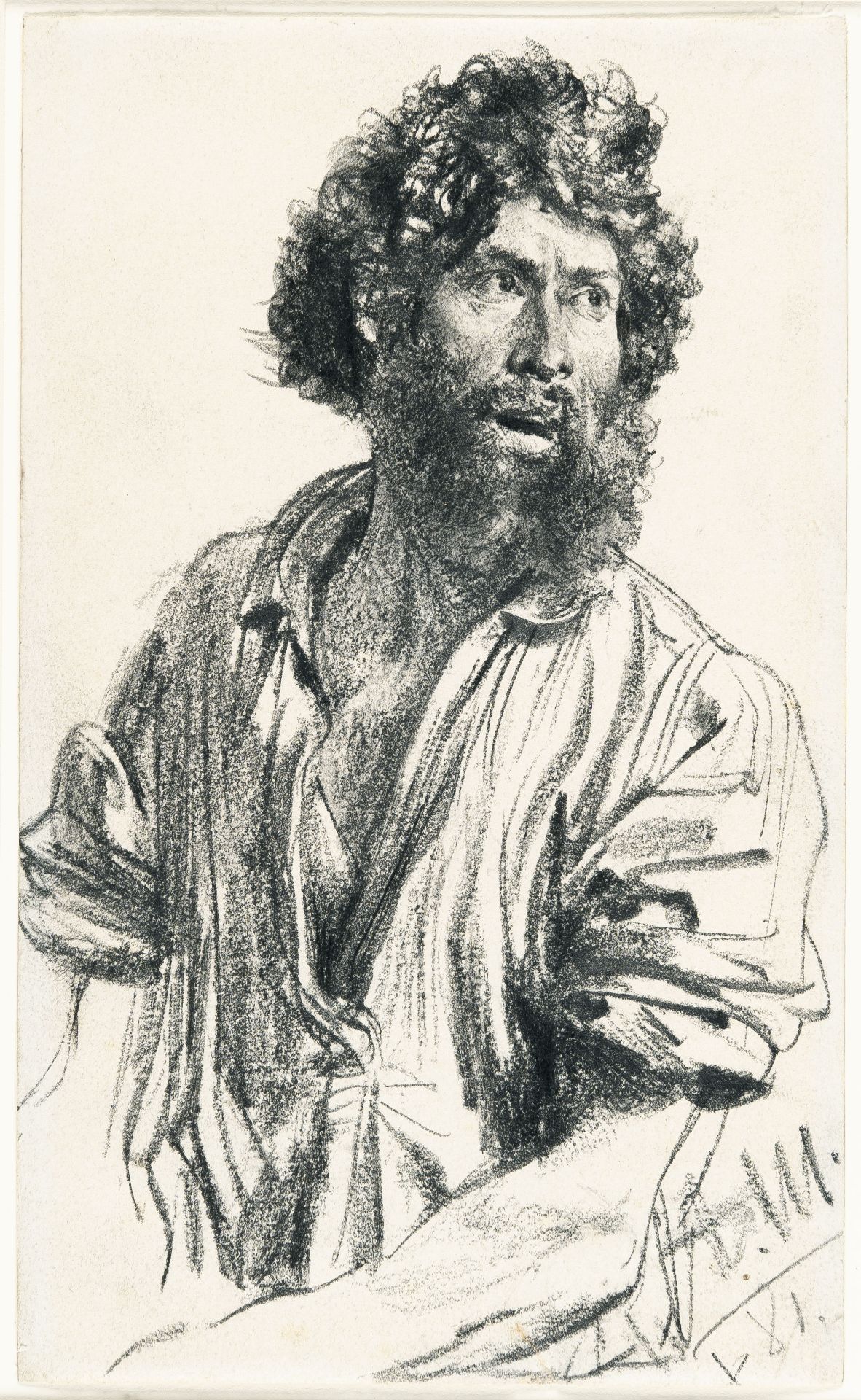 Adolph Menzel, Study of a bearded man with sleeves rolled up.Black chalk on wove with trimmed - Image 2 of 5