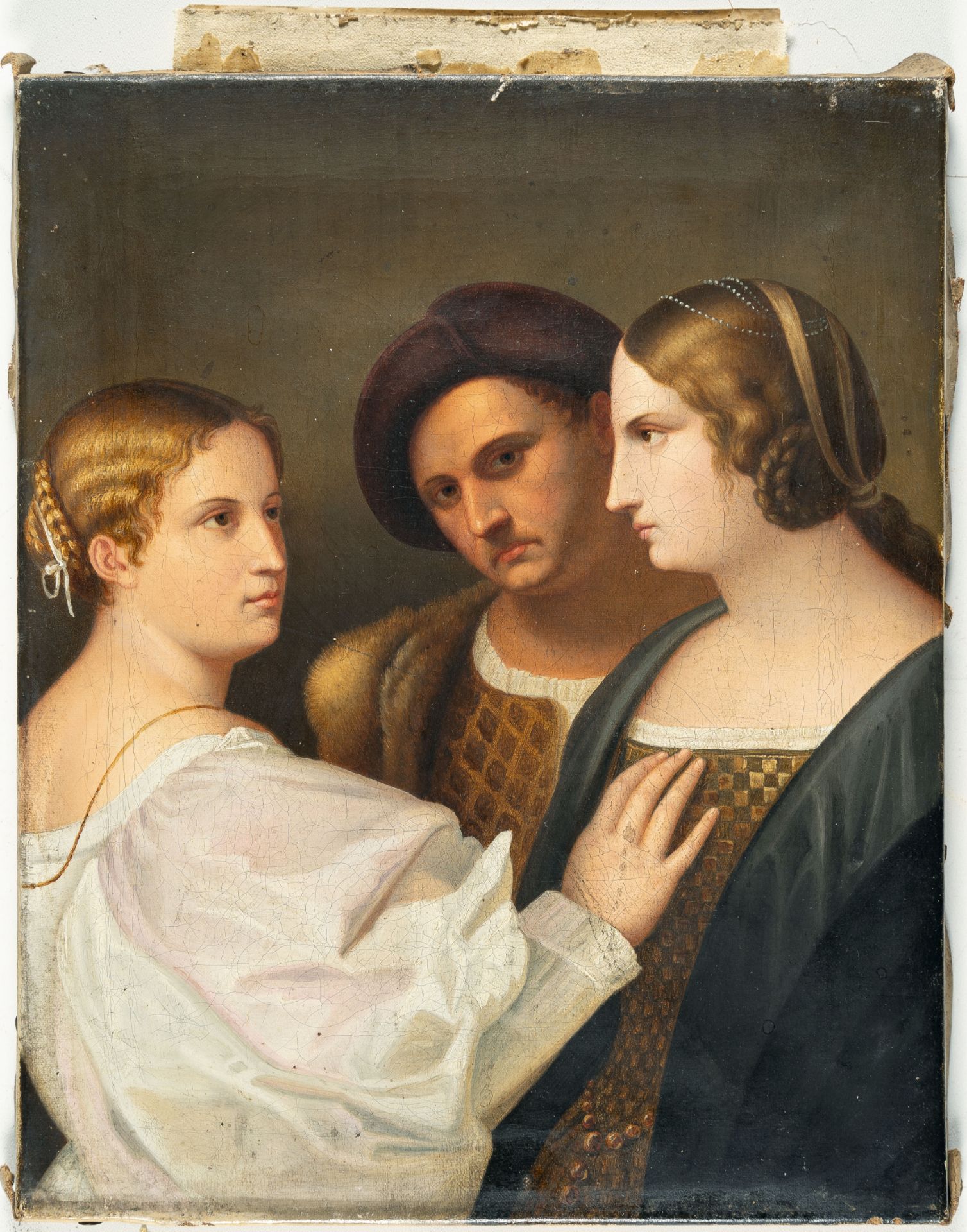 Nach Tizian (Tiziano Vecellio), Jealousy (Triple portrait of a man and two women).Oil on canvas. ( - Image 2 of 4