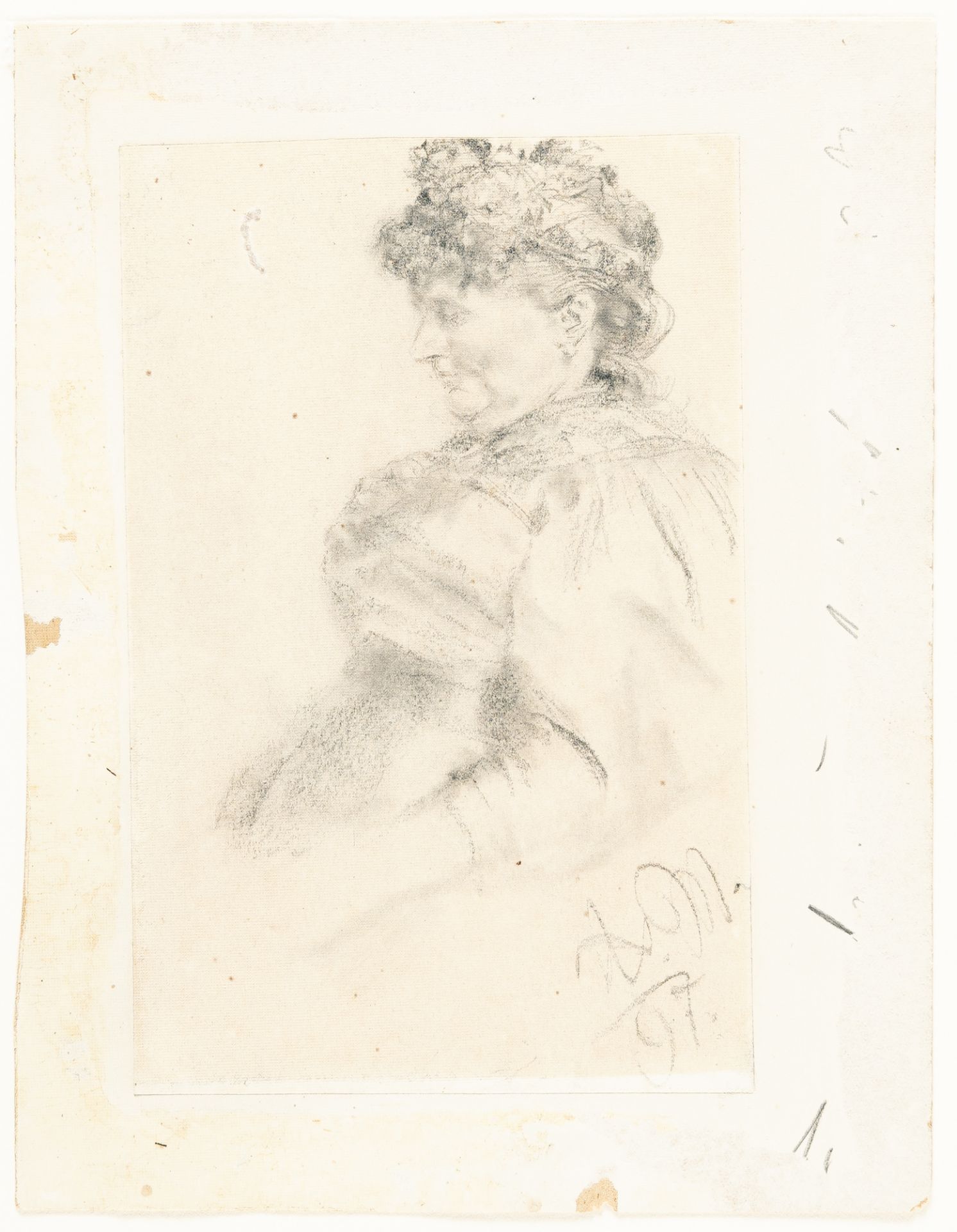 Adolph Menzel, S.eated woman in profile facing left.Pencil, partially smudged, on wove, laid down on - Image 2 of 3