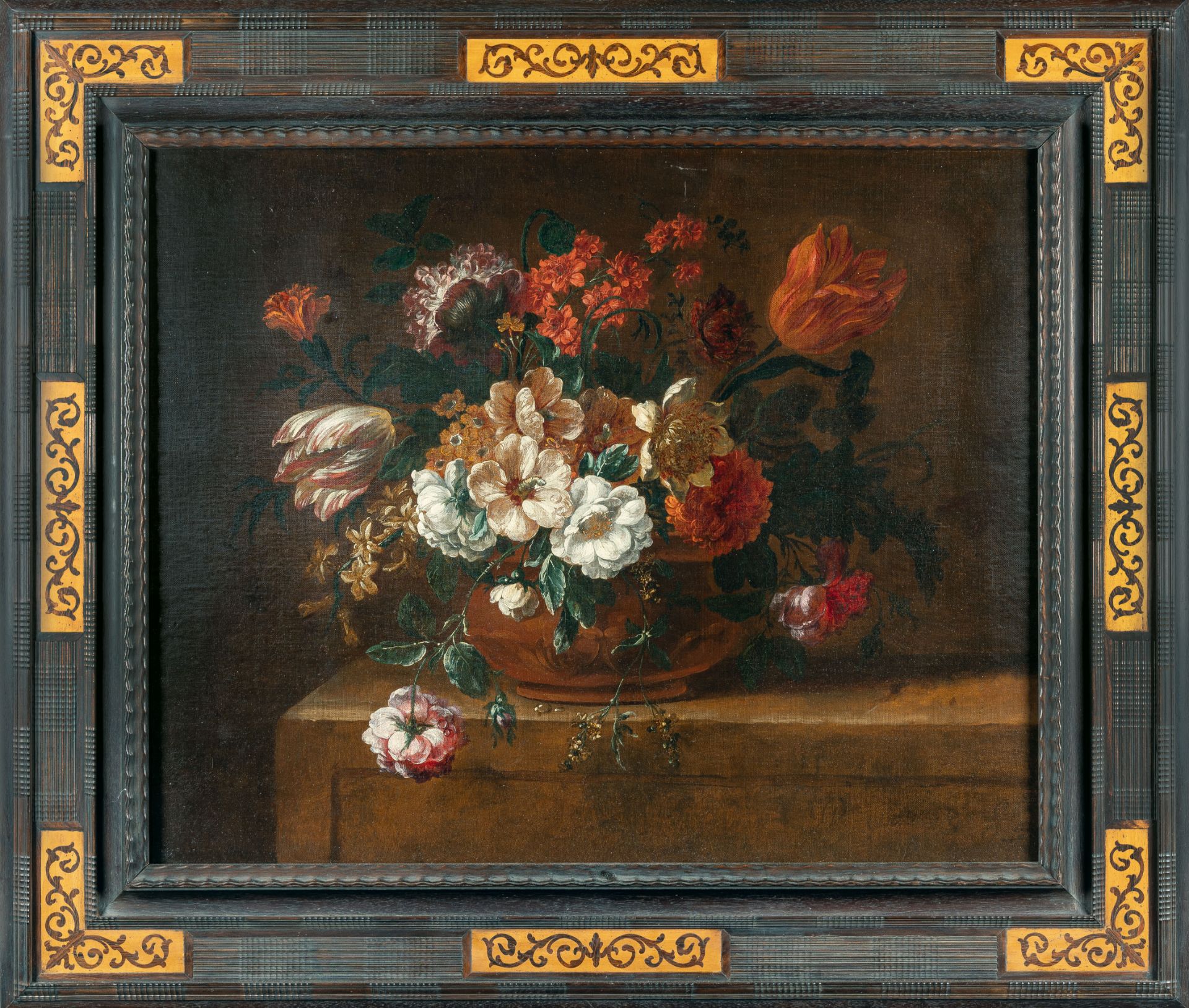 Peter Frans Casteels, Flowers in a vase on a stone bracket.Oil on canvas, relined. 69.5 x 86.5 cm. - Image 4 of 4