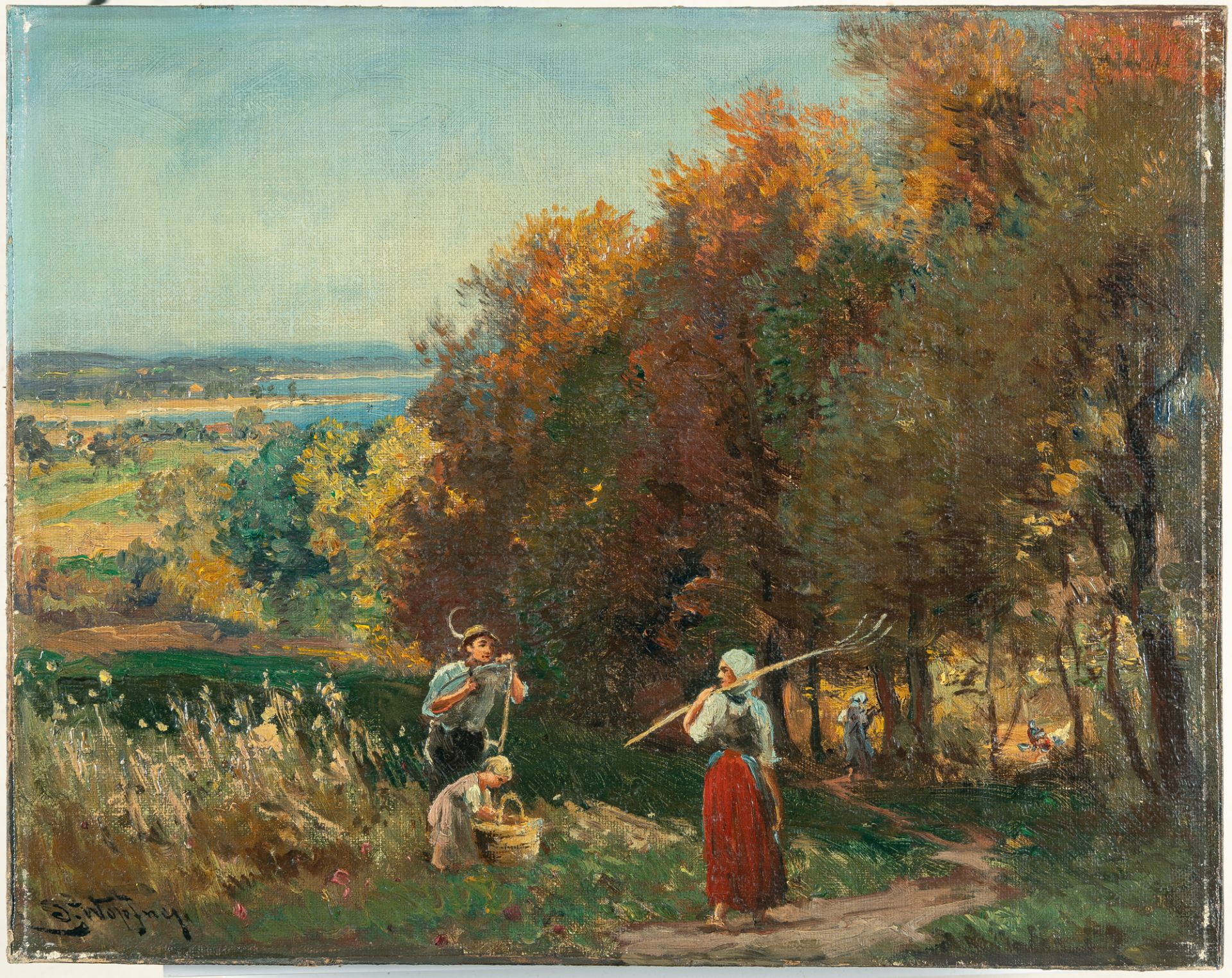 Josef Wopfner, Mower on the banks of the Chiemsee.Oil on canvas, laid down on panel. (After 1900). - Image 2 of 4