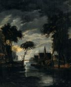 Aert van der Neer (Zugeschrieben) (1603 – 1677) – Mondbeschienener Fluss, von einem Steg überspannt