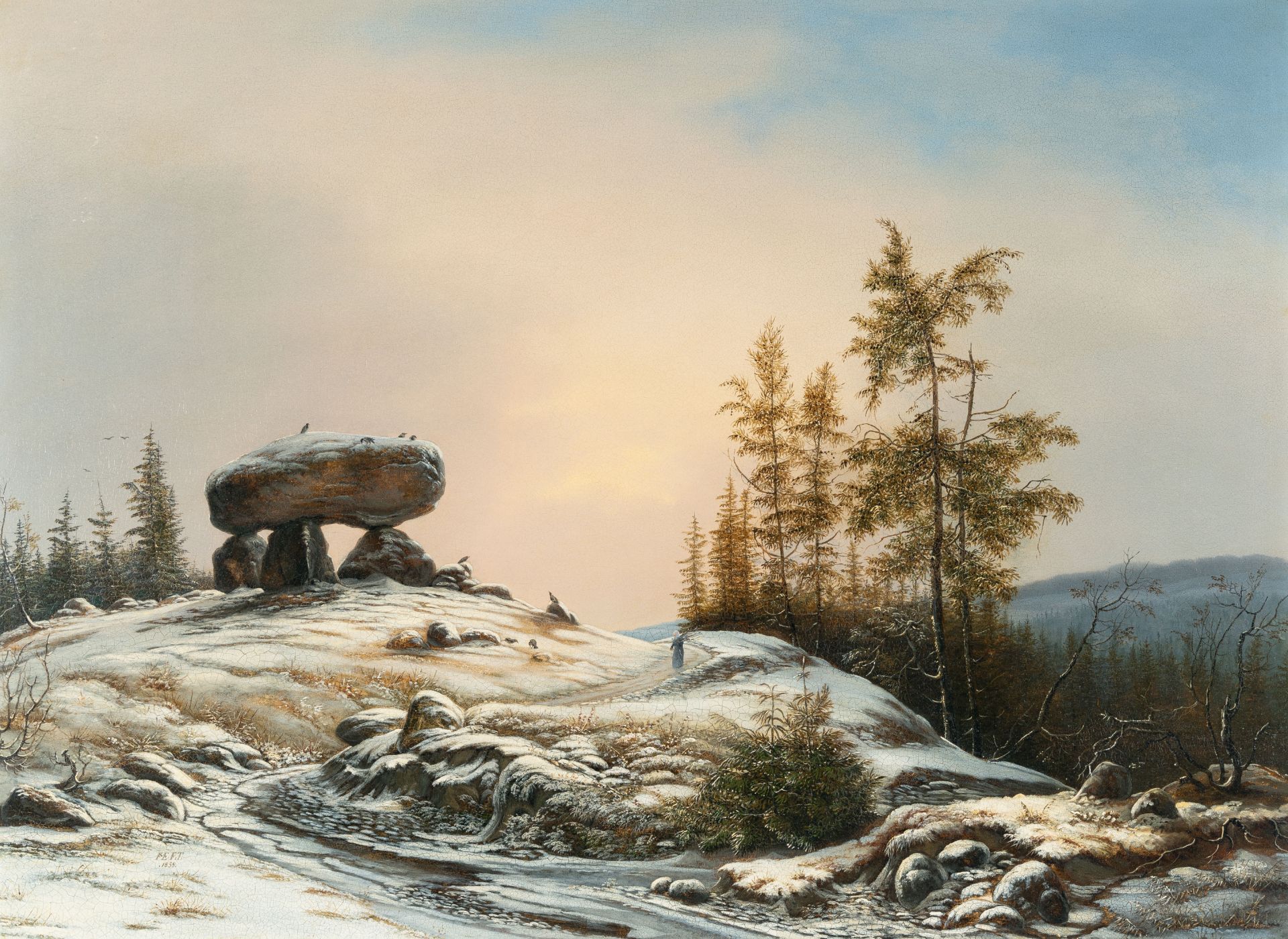 Frederik Michael Ernst Fabritius De Tengnagel, Winter landscape with ancient burial mounds.Oil on