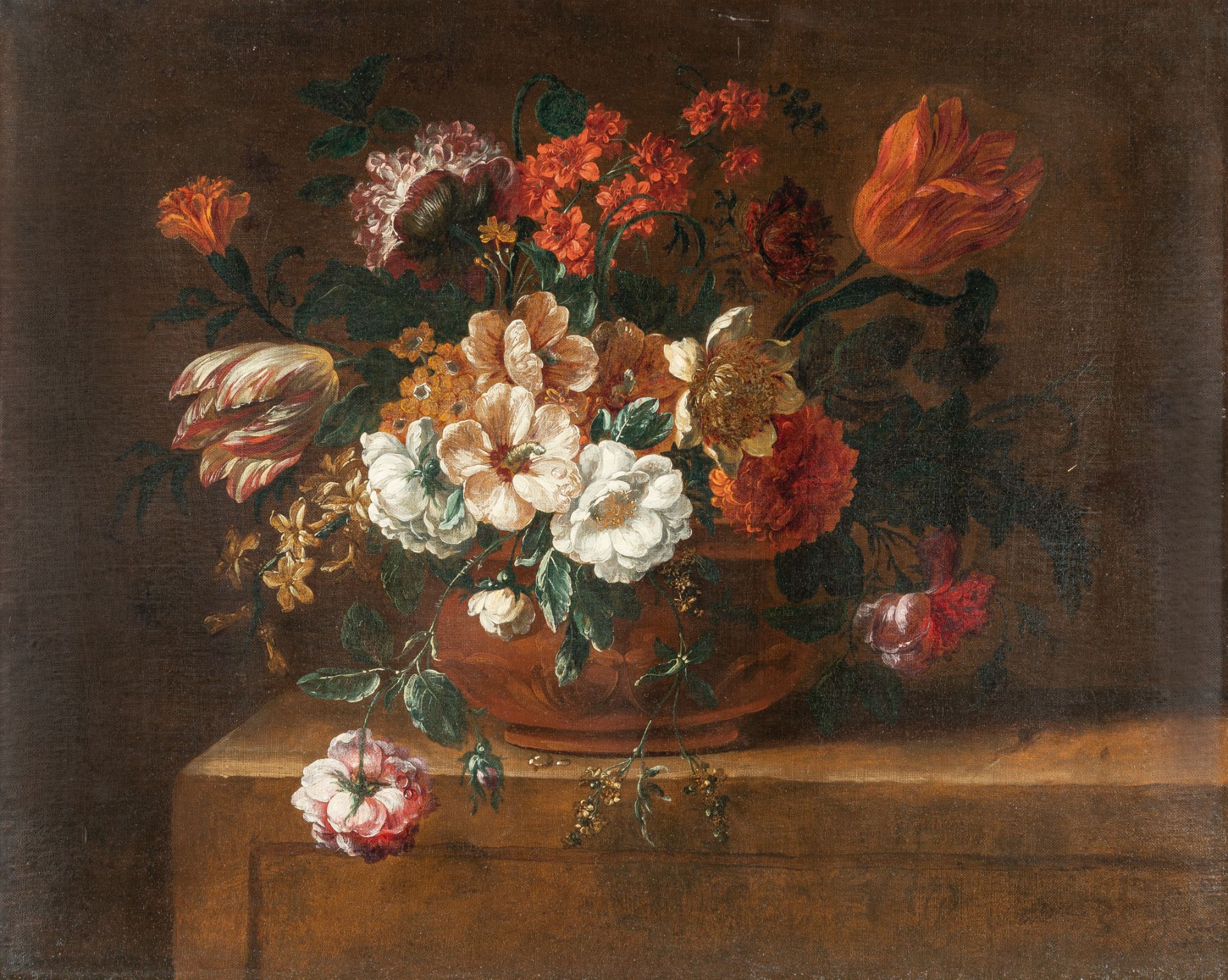 Peter Frans Casteels, Flowers in a vase on a stone bracket.Oil on canvas, relined. 69.5 x 86.5 cm.
