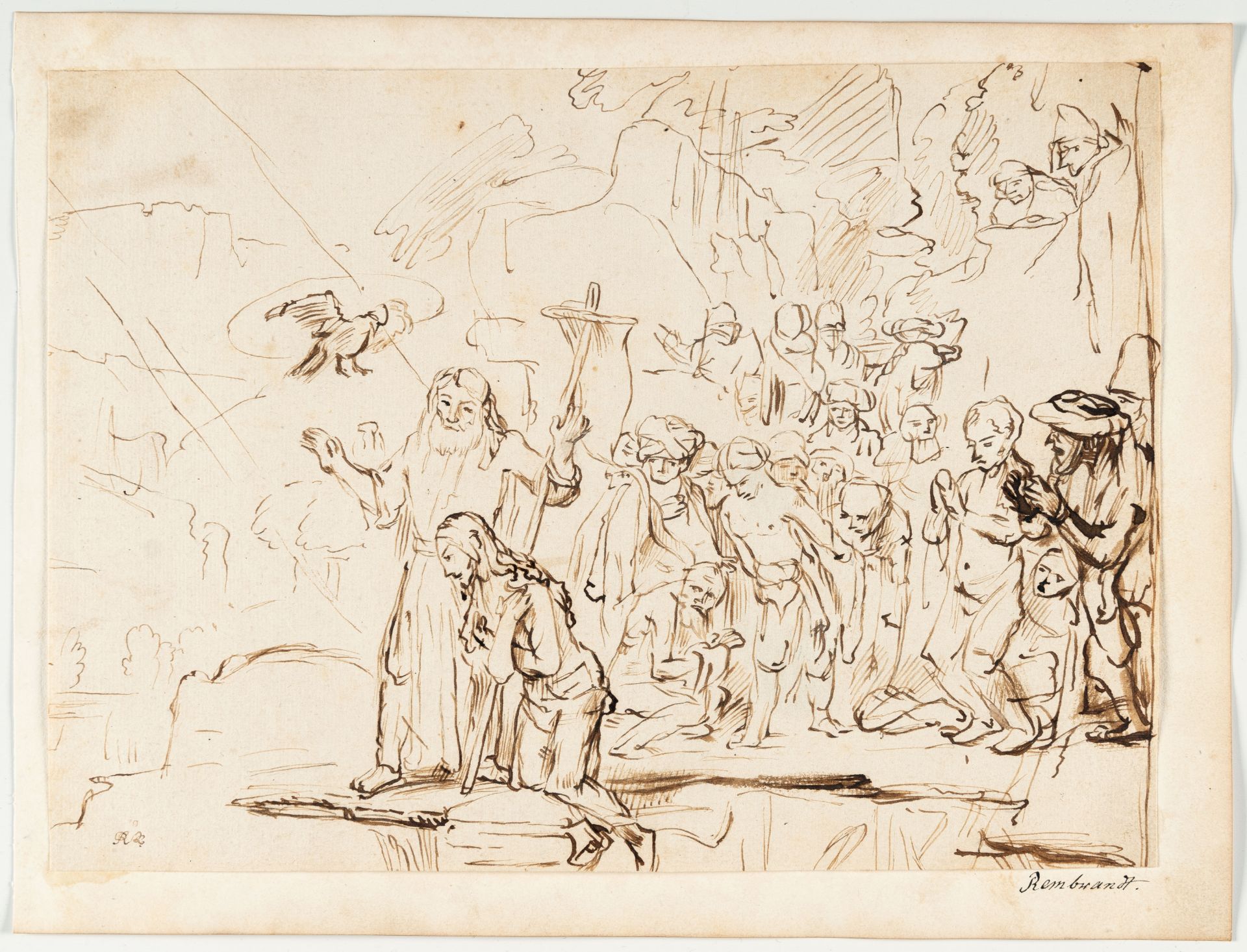 Rembrandt Harmensz van Rijn (Schule), The baptism of Christ.Pen and brown ink, partially smudged - Image 2 of 3