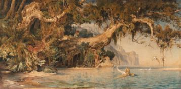 Emil Lugo (1840 - 1902) – Südliche Küstenlandschaft mit badender Nymphe