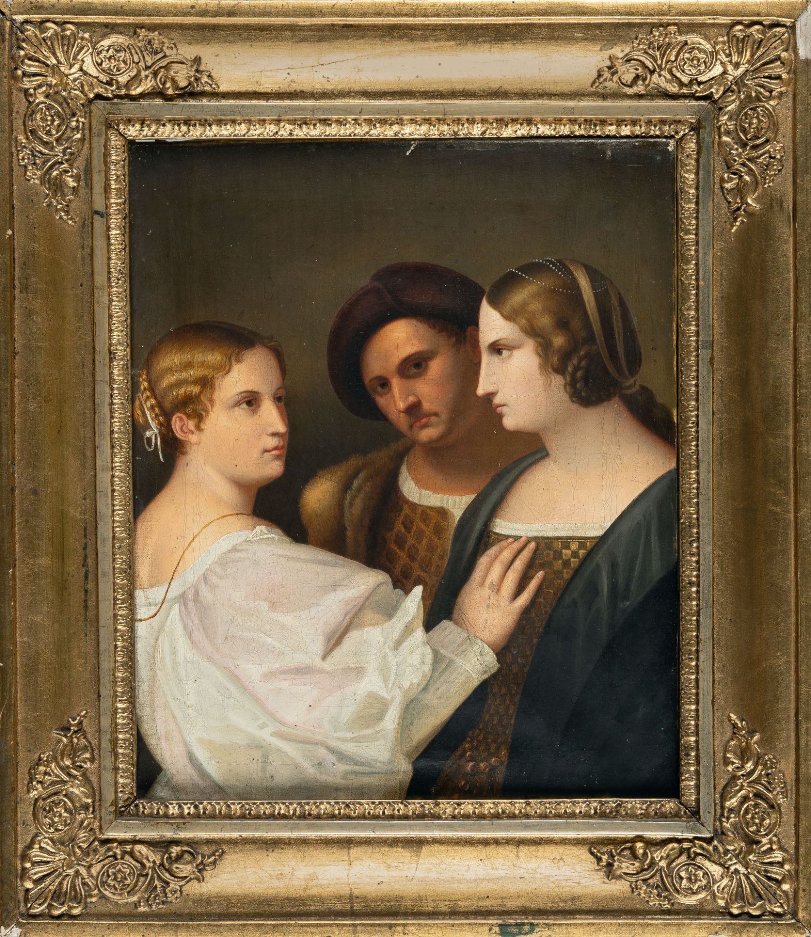Nach Tizian (Tiziano Vecellio), Jealousy (Triple portrait of a man and two women).Oil on canvas. ( - Image 4 of 4