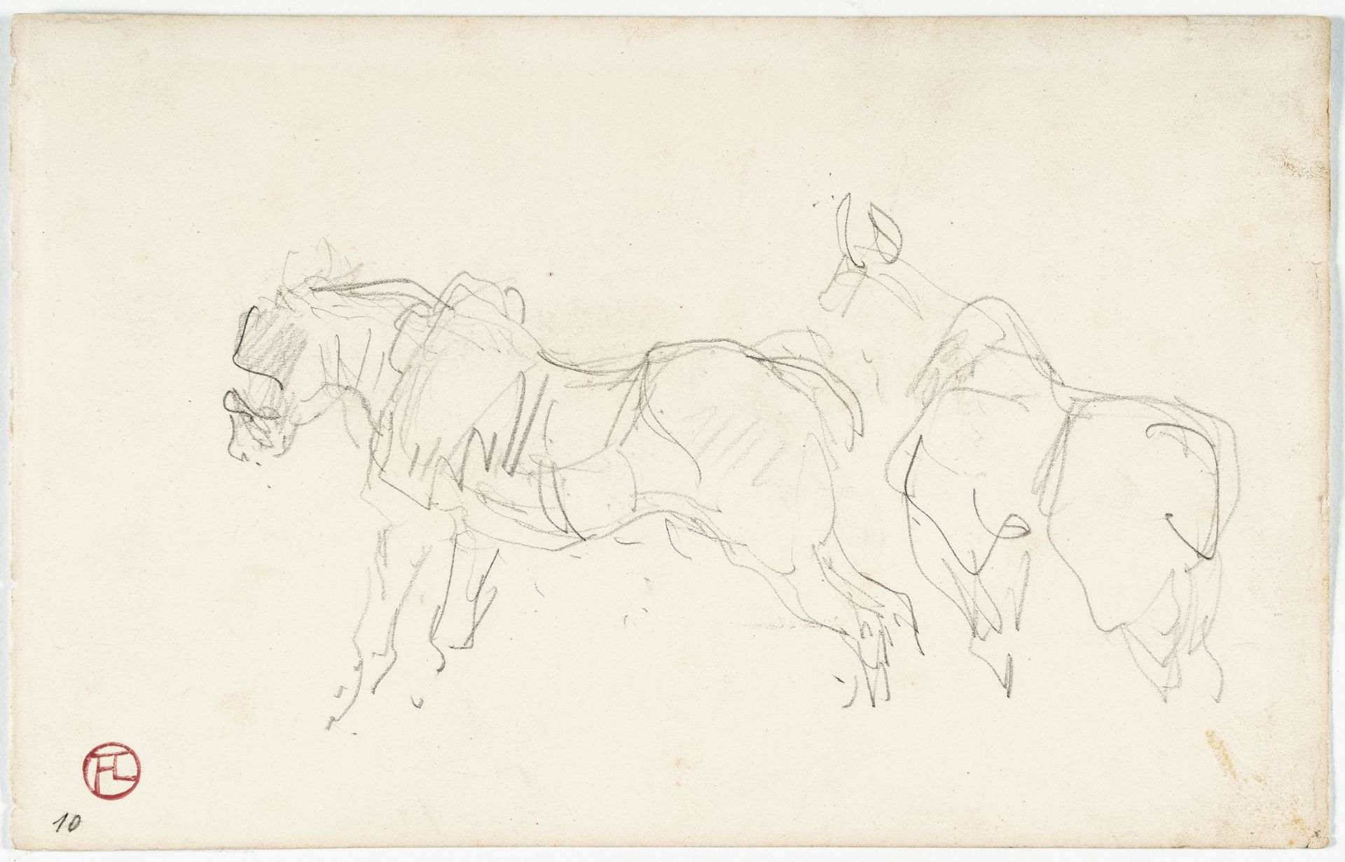 Henri De Toulouse-Lautrec, Two saddled horses.Pencil on cream wove (presumably from a sketchbook). - Image 2 of 3