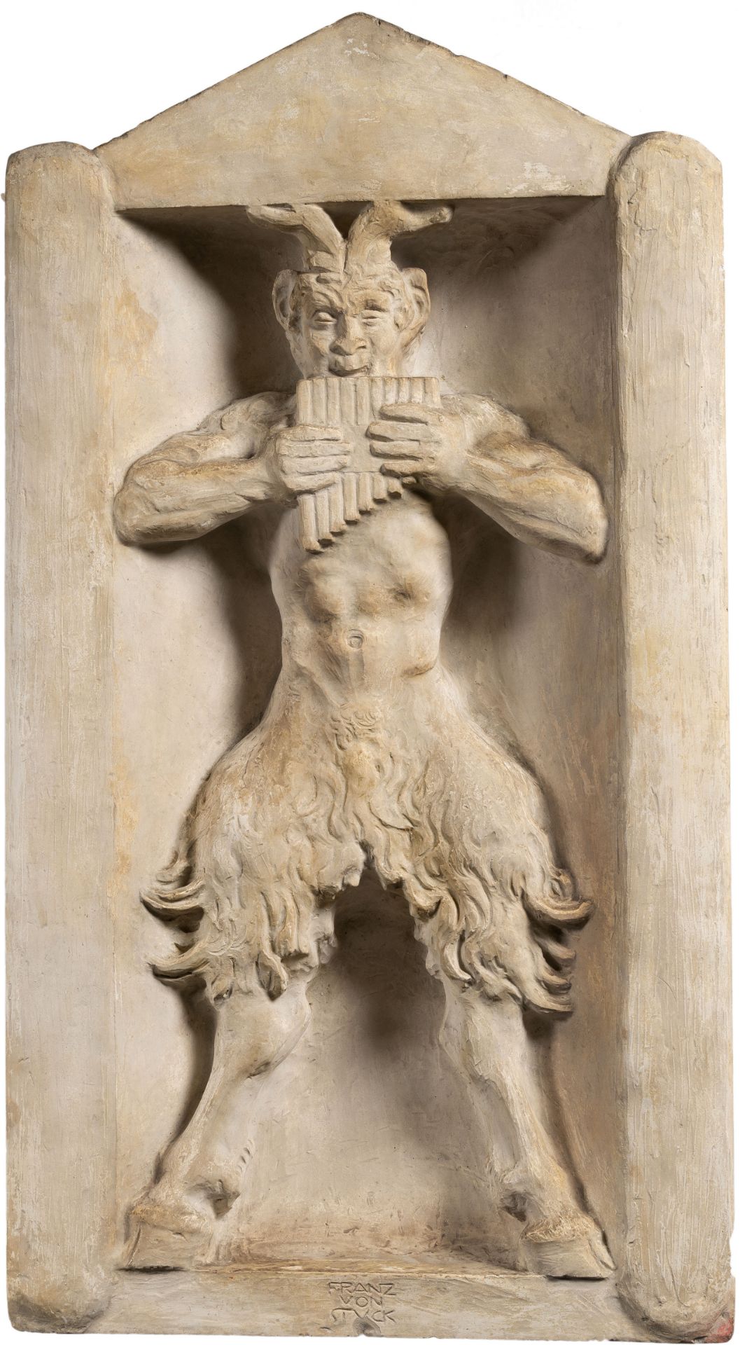 Franz von Stuck, Faun playing a flute (Pan playing a syrinx).Plaster. (Around 1914/15). 84.7 x 46.