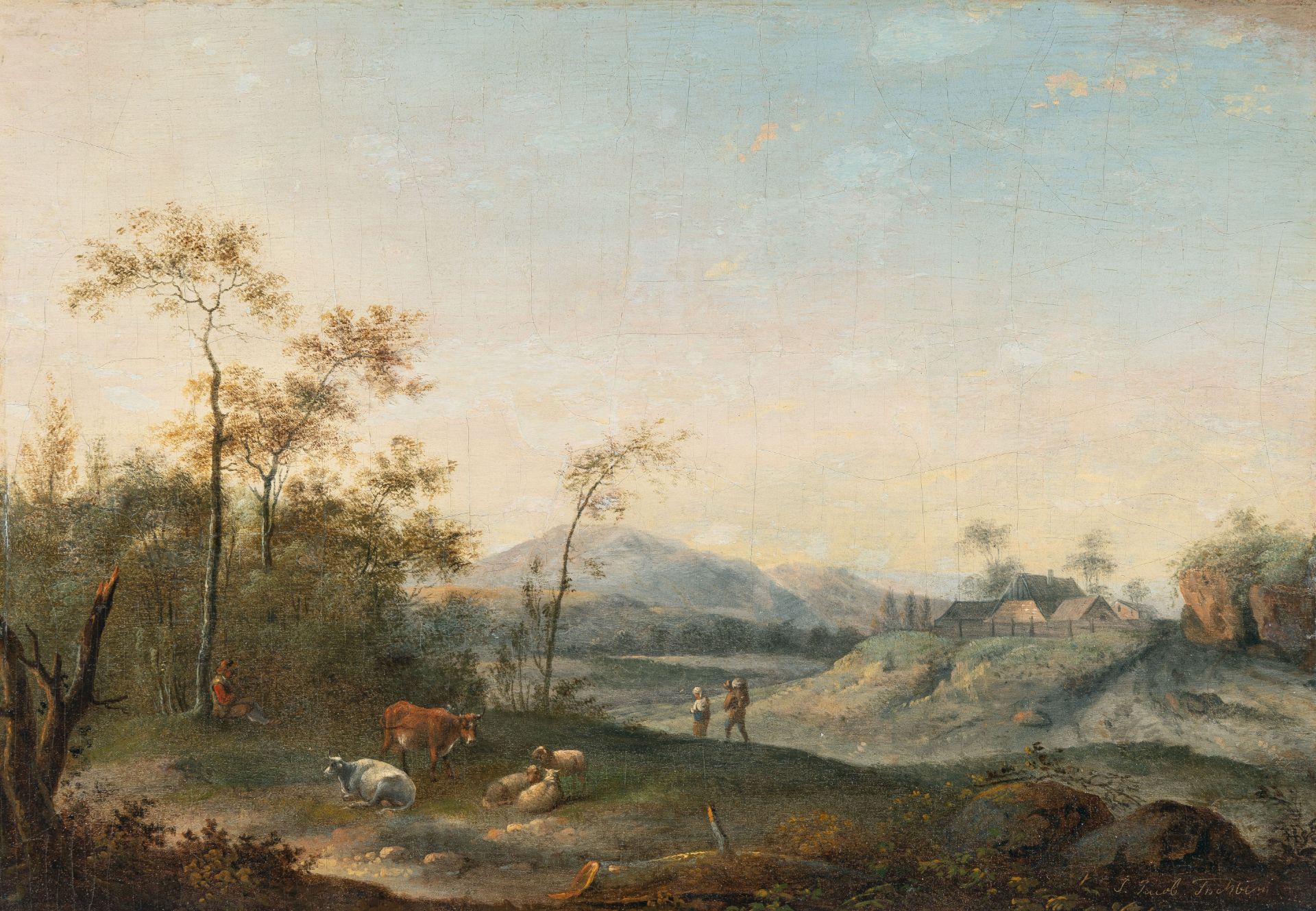 Johann Jakob Tischbein, Landscape with shepherds in evening light.Oil on panel. 26 x 37.1 cm. Signed