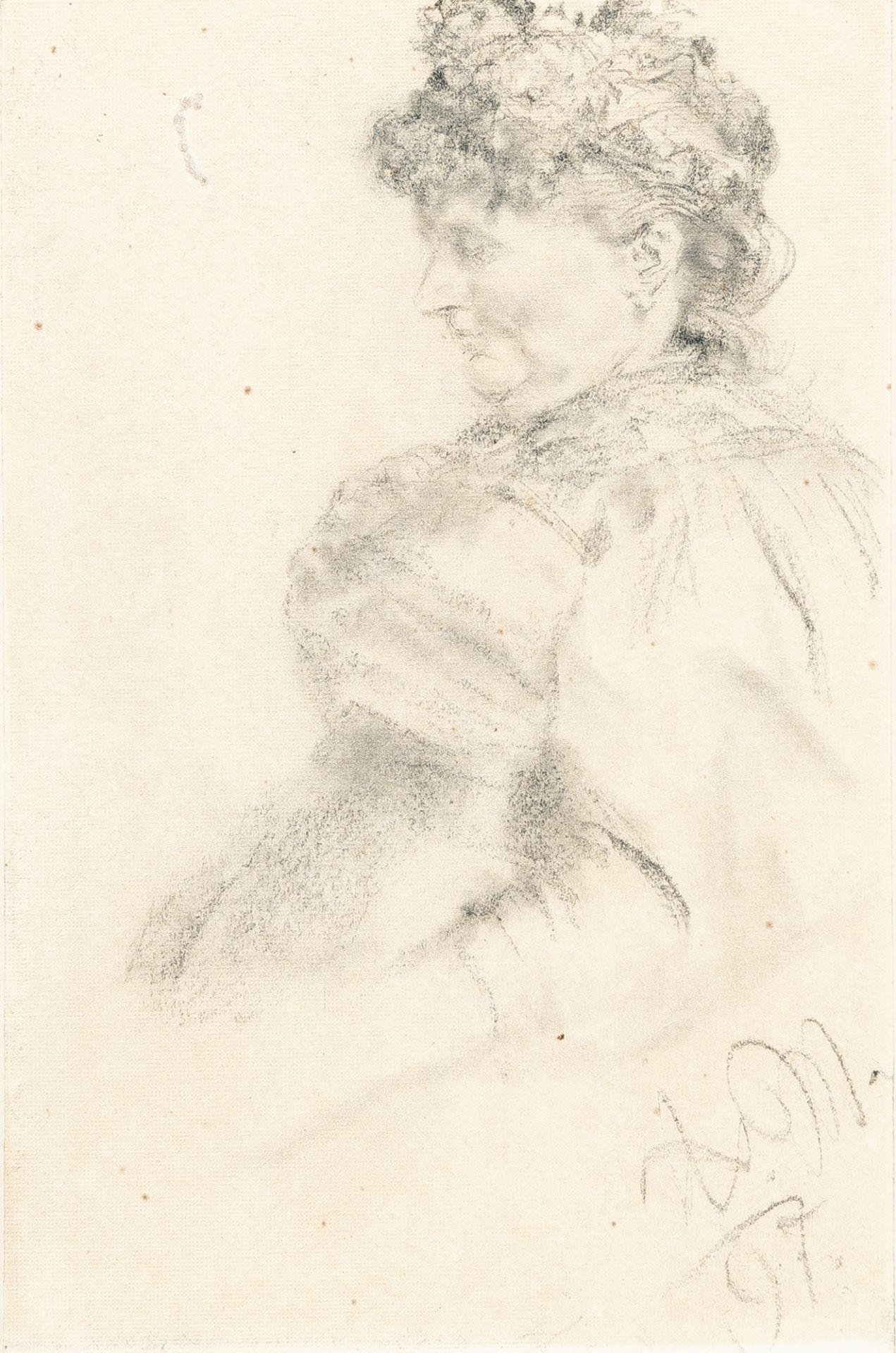 Adolph Menzel, S.eated woman in profile facing left.Pencil, partially smudged, on wove, laid down on