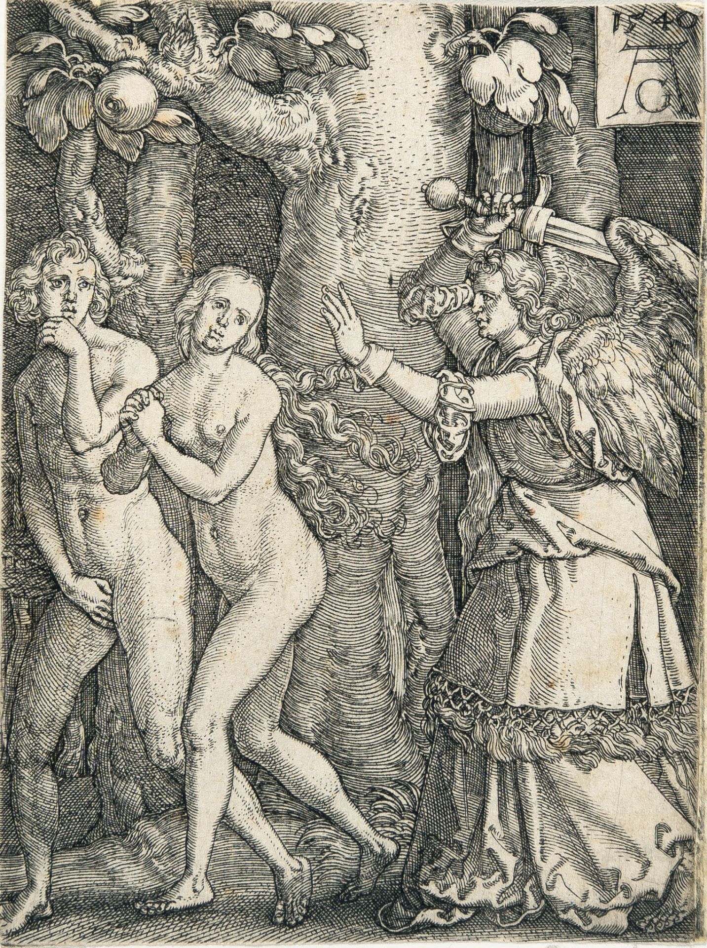 Heinrich Aldegrever, Expulsion from the Paradise.Engraving on laid paper. (1540). 8.6 x 6.5 cm (