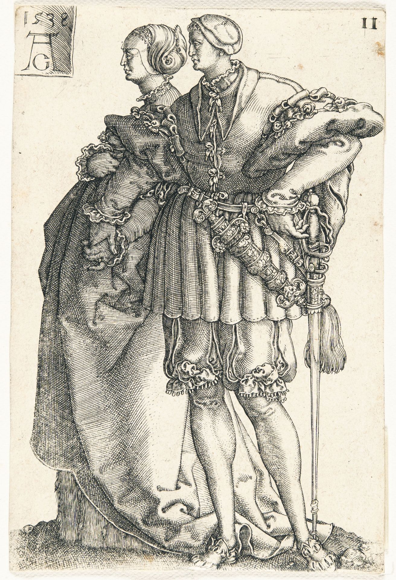 Heinrich Aldegrever, Dancing couple.Engraving on laid paper. (1538). 11.6 x 7.8 cm (sheet size). - Image 2 of 3