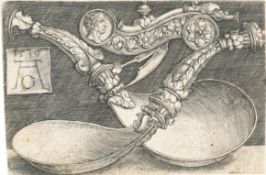 Heinrich Aldegrever – Entwurf für zwei Löffel und eine Hundepfeife