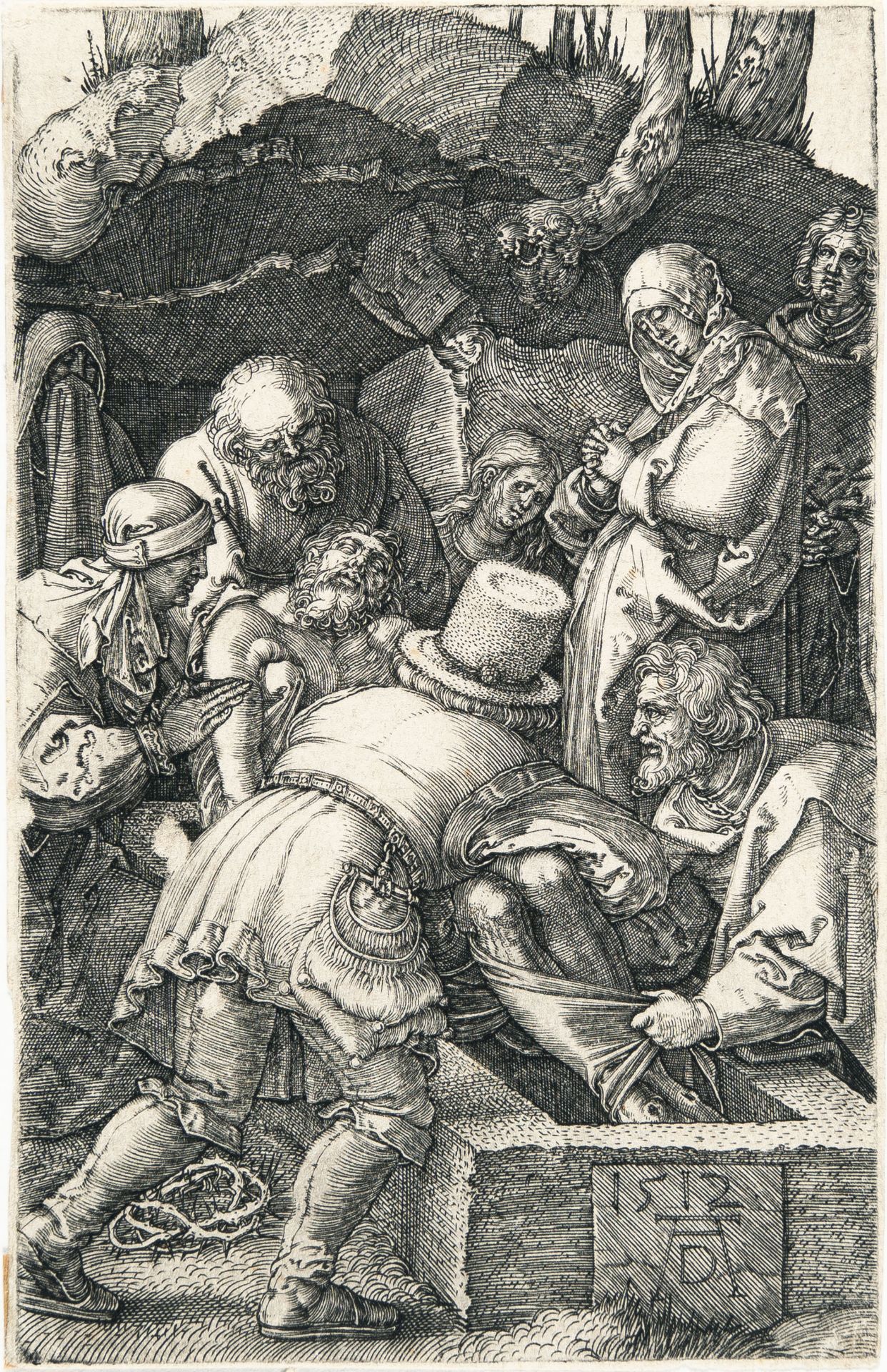 Albrecht Dürer, The deposition.Engraving on laid paper. (1512). 11.8 x 7.6 cm (sheet size). Sheet 13