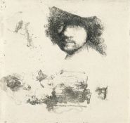 Rembrandt Harmensz. Van Rijn – Studienblatt mit Kopf des Künstlers, einem Bettlerpaar, Kopf eines al