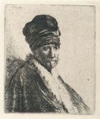 Rembrandt Harmensz. Van Rijn – Halbfigur eines Mannes mit hoher Mütze (Rembrandts Vater?)