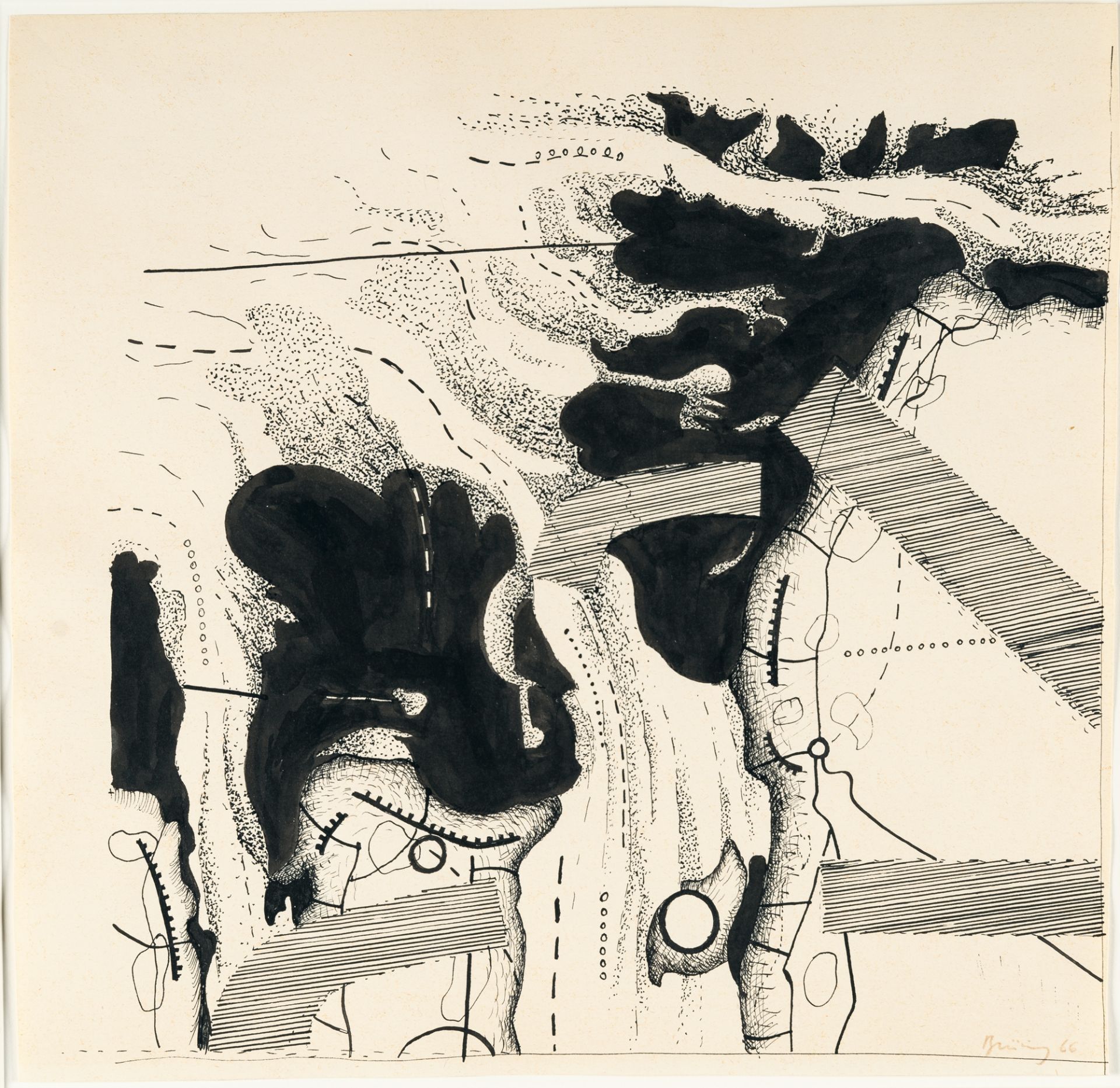 Peter Brüning, Layering of a landscape.Indian ink on wove. (19)66. Ca. 28 x 28.5 cm. Signed and - Image 2 of 3