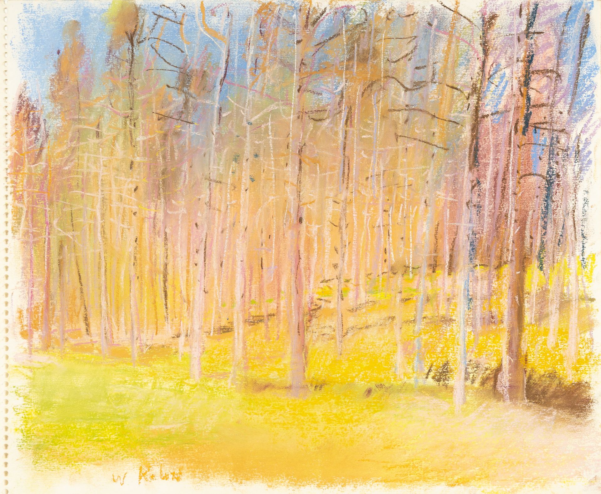 Wolf Kahn, Slight incline in a forest.Pastel on writing pad paper. (1999). Ca. 35 x 43 cm. Signed
