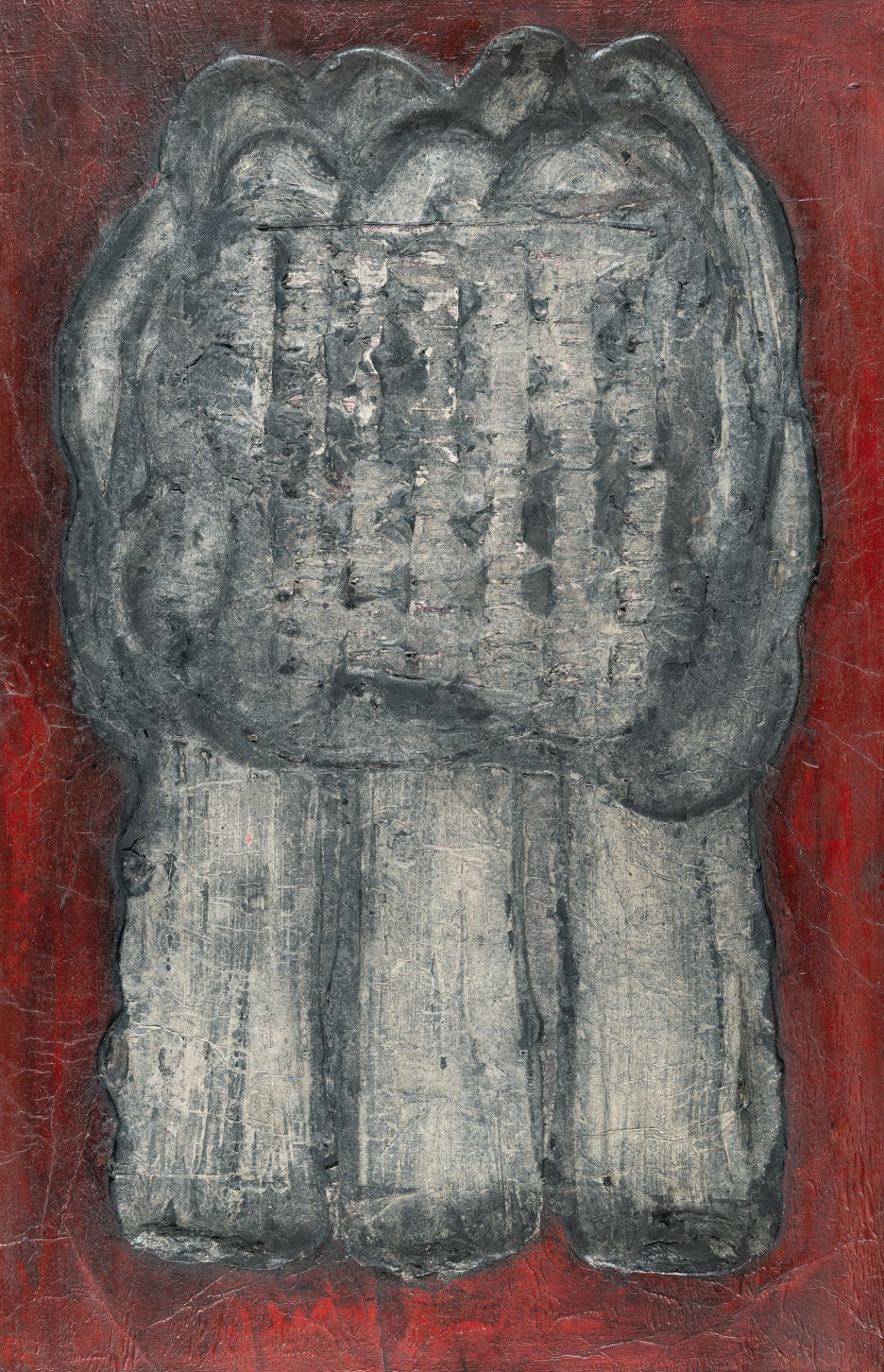 Herbert Zangs, Black expansion on red.Mixed media with acrylic and paper on panel. Ca. 93 x 58.5 x 2