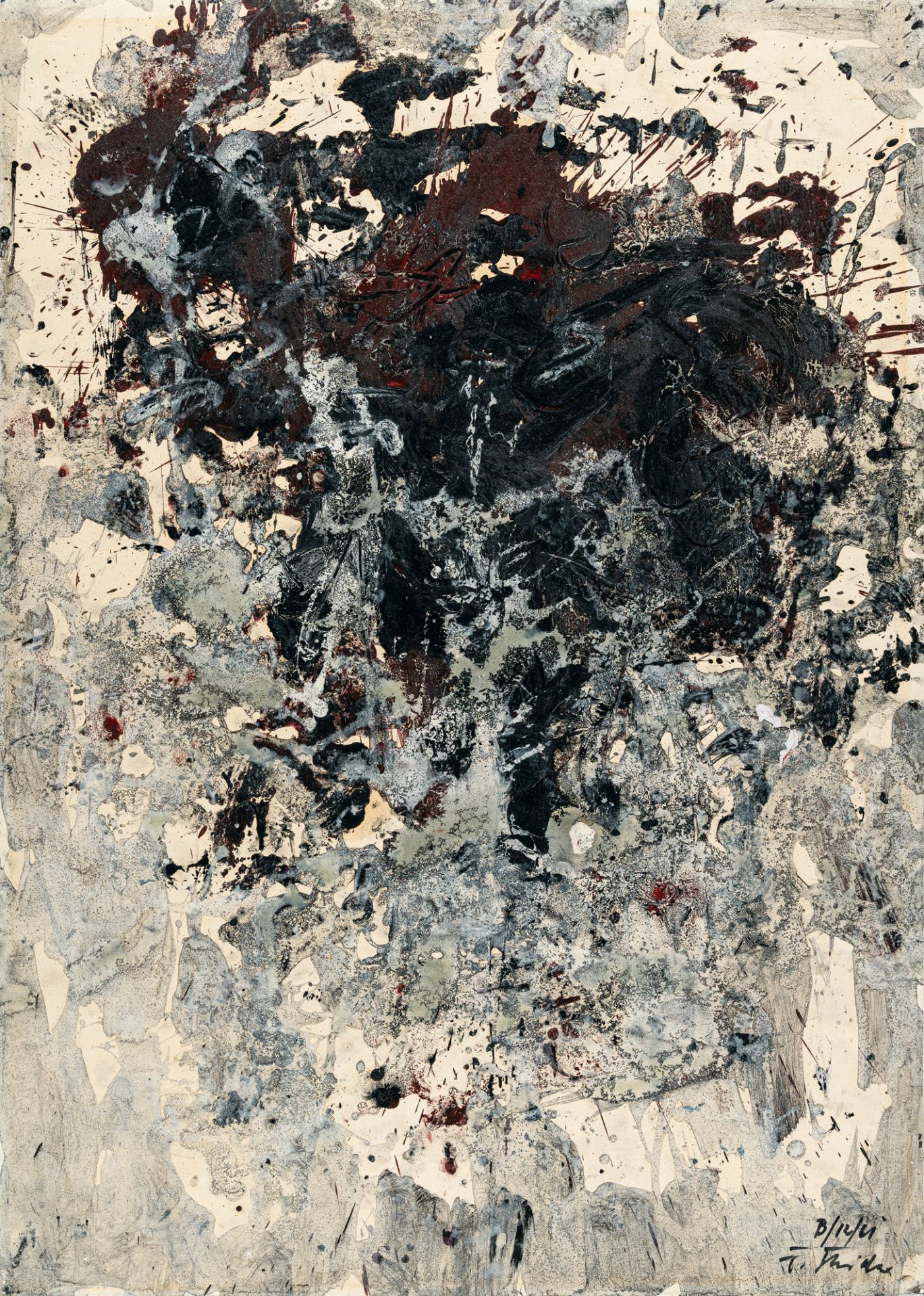 Fred Thieler, Untitled ("B/12/61").Mixed media on cardboard, laid down on canvas. (19)61. Ca. 70 x