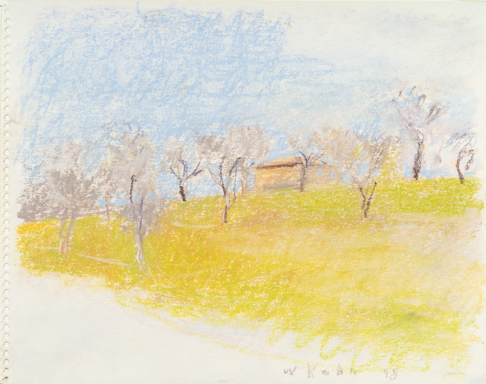 Wolf Kahn, Olive grove/Tuscany.Pastel on writing pad paper. (19)98. Ca. 28 x 35.5 cm. Signed and