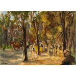 Max Liebermann, Tree-lined street in Tiergarten with figures walking, a hackney cab and a tram.Oil