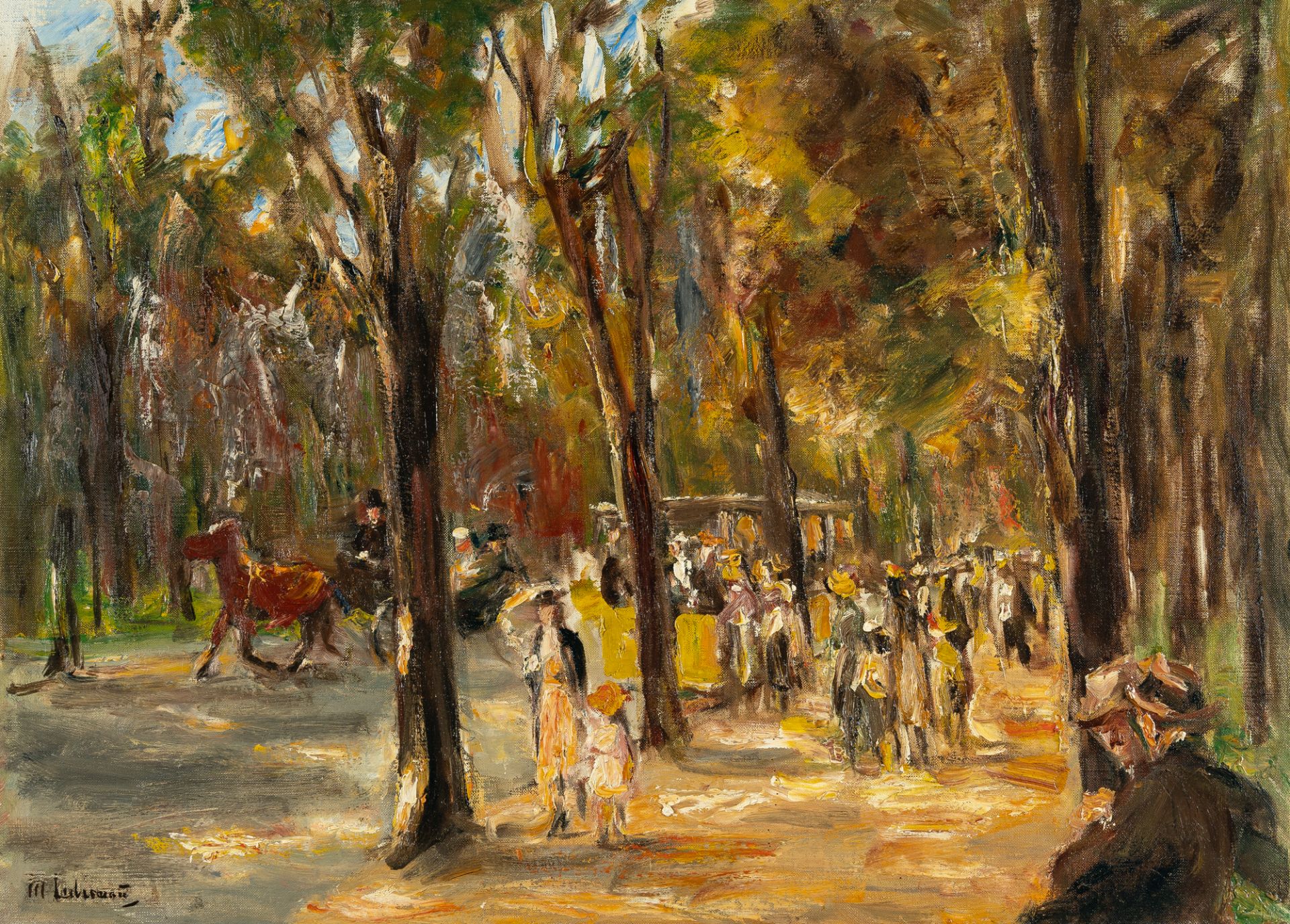 Max Liebermann, Tree-lined street in Tiergarten with figures walking, a hackney cab and a tram.Oil