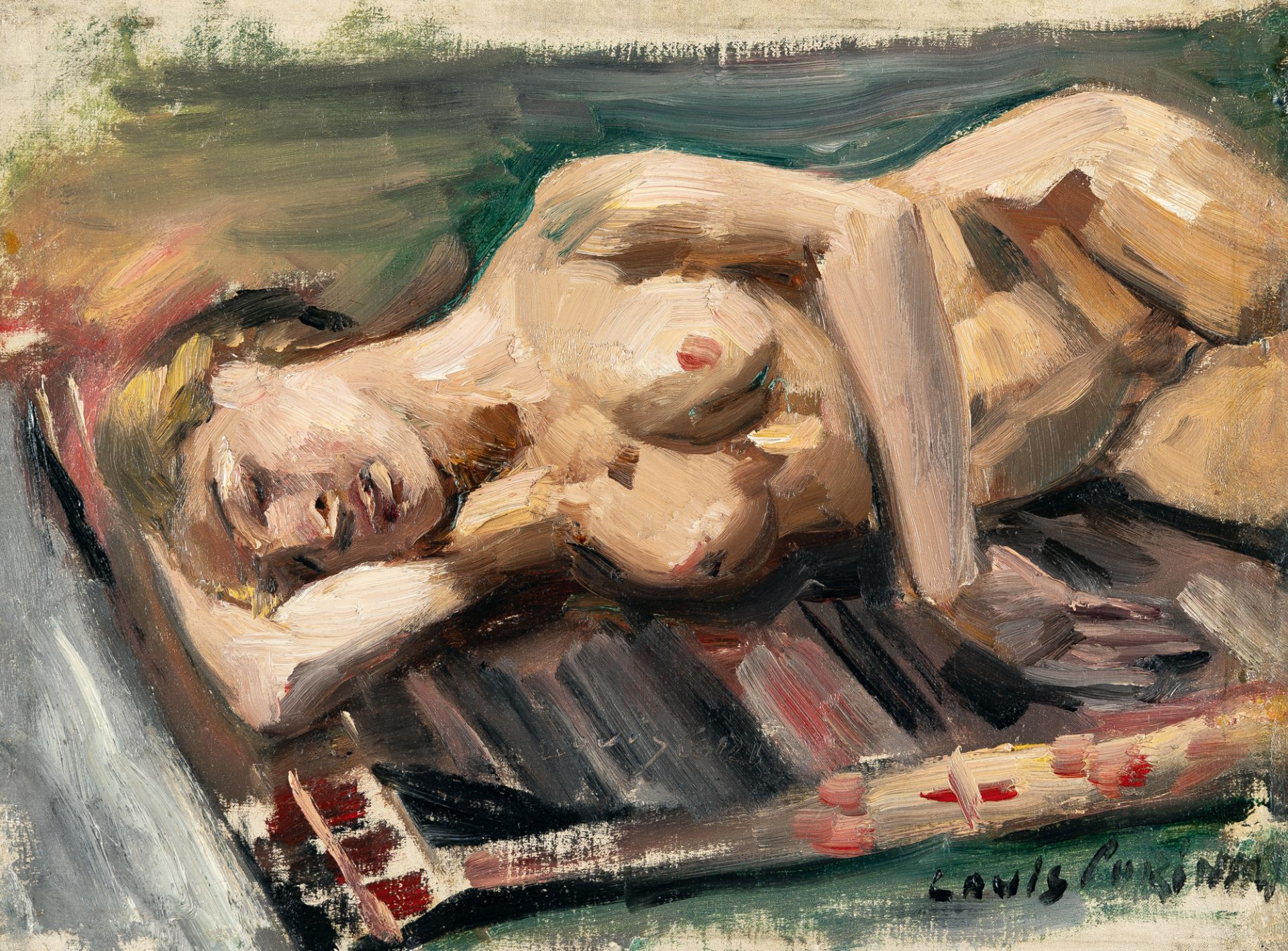Lovis Corinth, Female demi-nude.Oil on canvas, relined. (1913). Ca. 35.5 x 47.5 cm. Signed lower