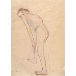 Oskar Kokoschka, Striding female nude hunched forwards.Pencil and watercolour on brownish, smooth