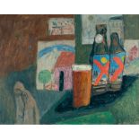 Gabriele Münter, Still life with X beer.Oil on cardboard. 1914. Ca. 33 x 41 cm. Signed and dated