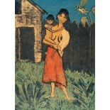 Otto Mueller, Standing gypsy with a child in her arms.Lithograph in colours with additional