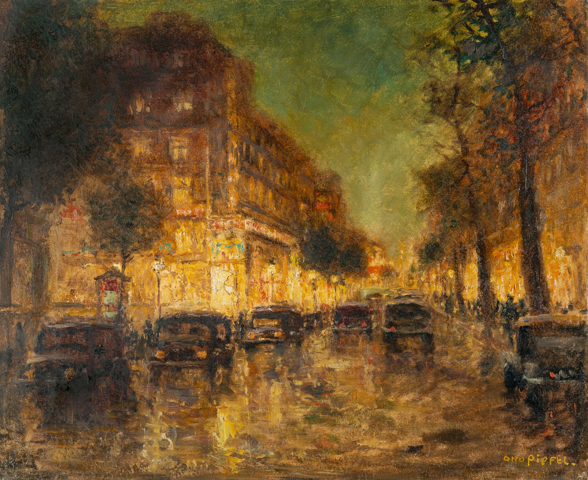 Otto Eduard Pippel, Street scene by night (Berlin by night).Oil on canvas. (Ca. 1920s). Ca. 50.5 x