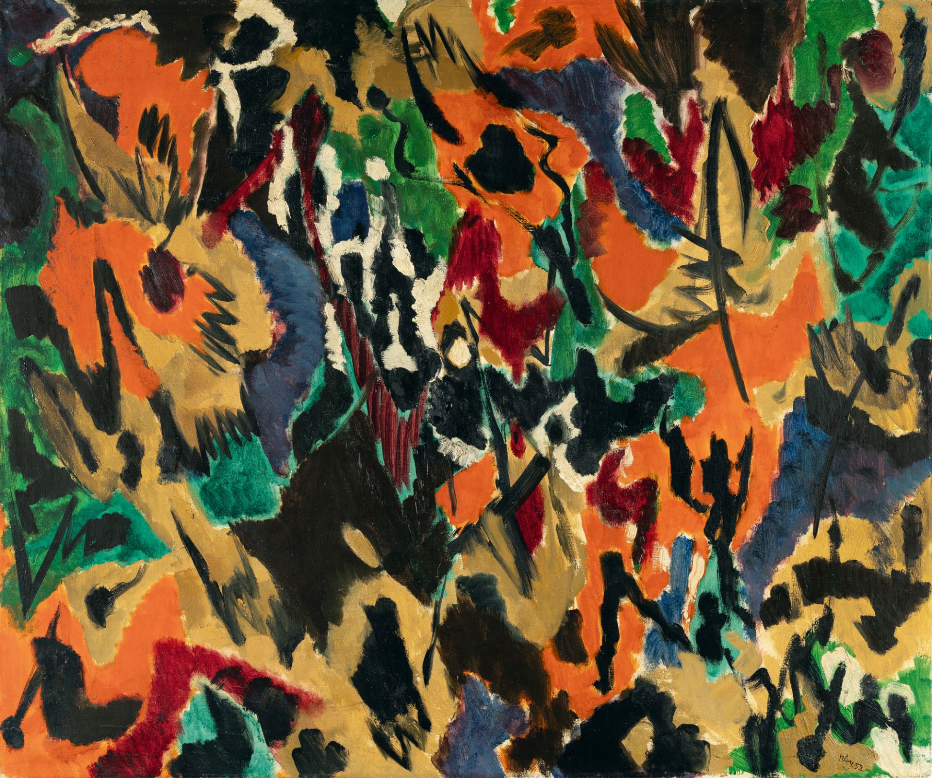 Ernst Wilhelm Nay, Orange mercurial.Oil on canvas. (19)52. Ca. 100 x 119.5 cm. Signed and dated