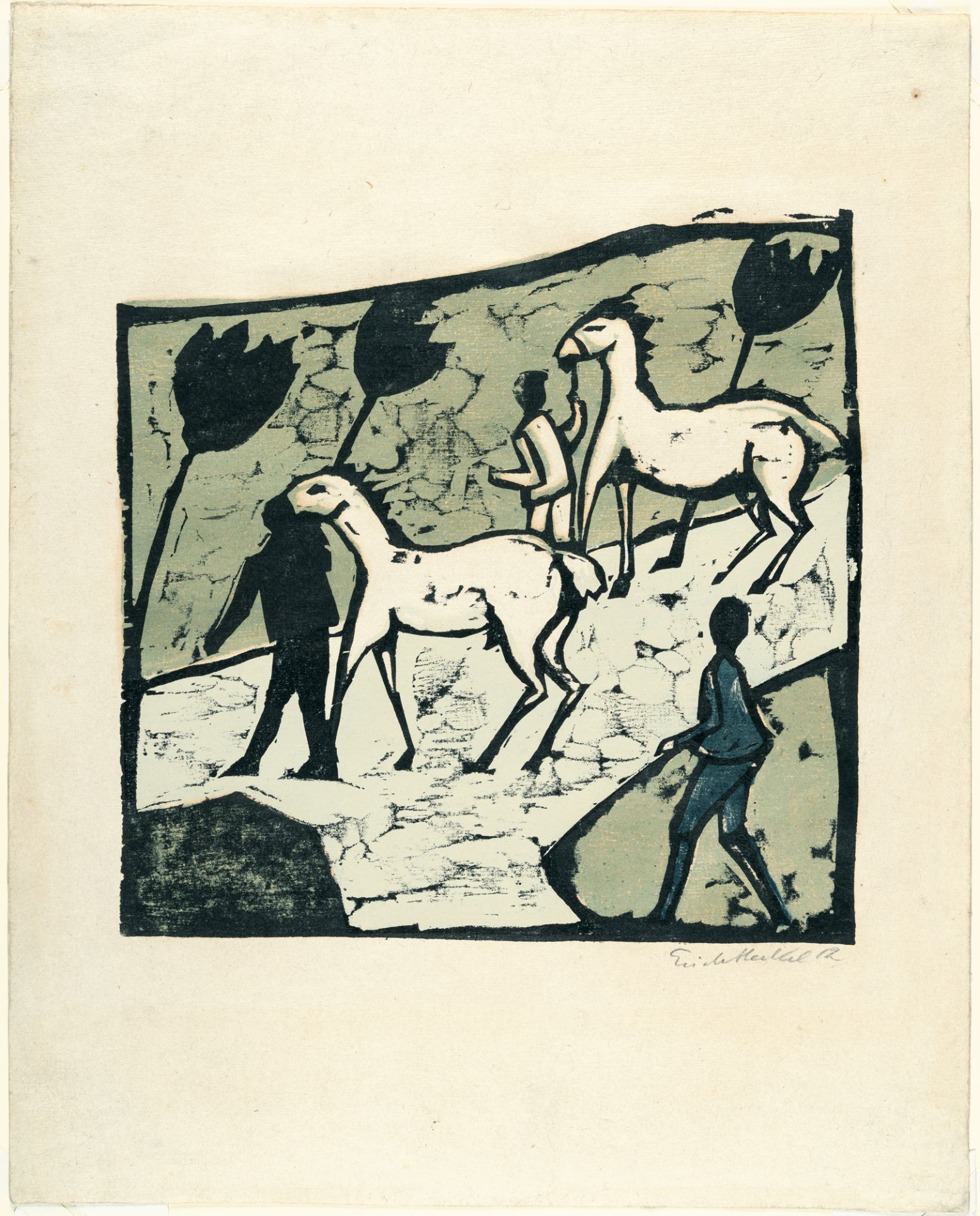 Erich Heckel, White horses.Woodcut in colours on cream blotting paper. (19)12. Ca. 31 x 31 cm (sheet - Image 3 of 3